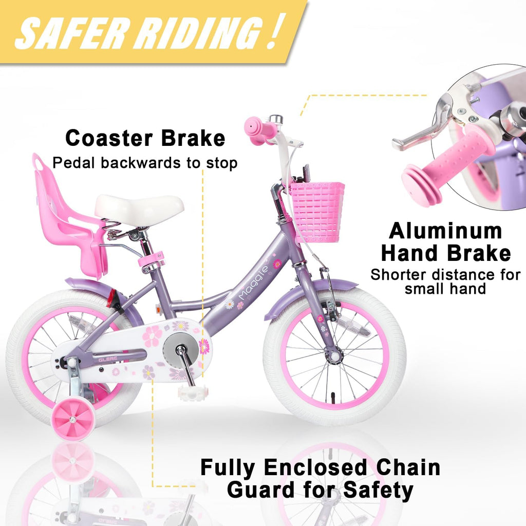 Glerc Maggie Girls Bike, 12-20 Inch Kids Bike for 2-13 Years Old Children, Princess Style Kids Bicycle with Doll-Seat & Basket & Training Wheels, Multiple Colors