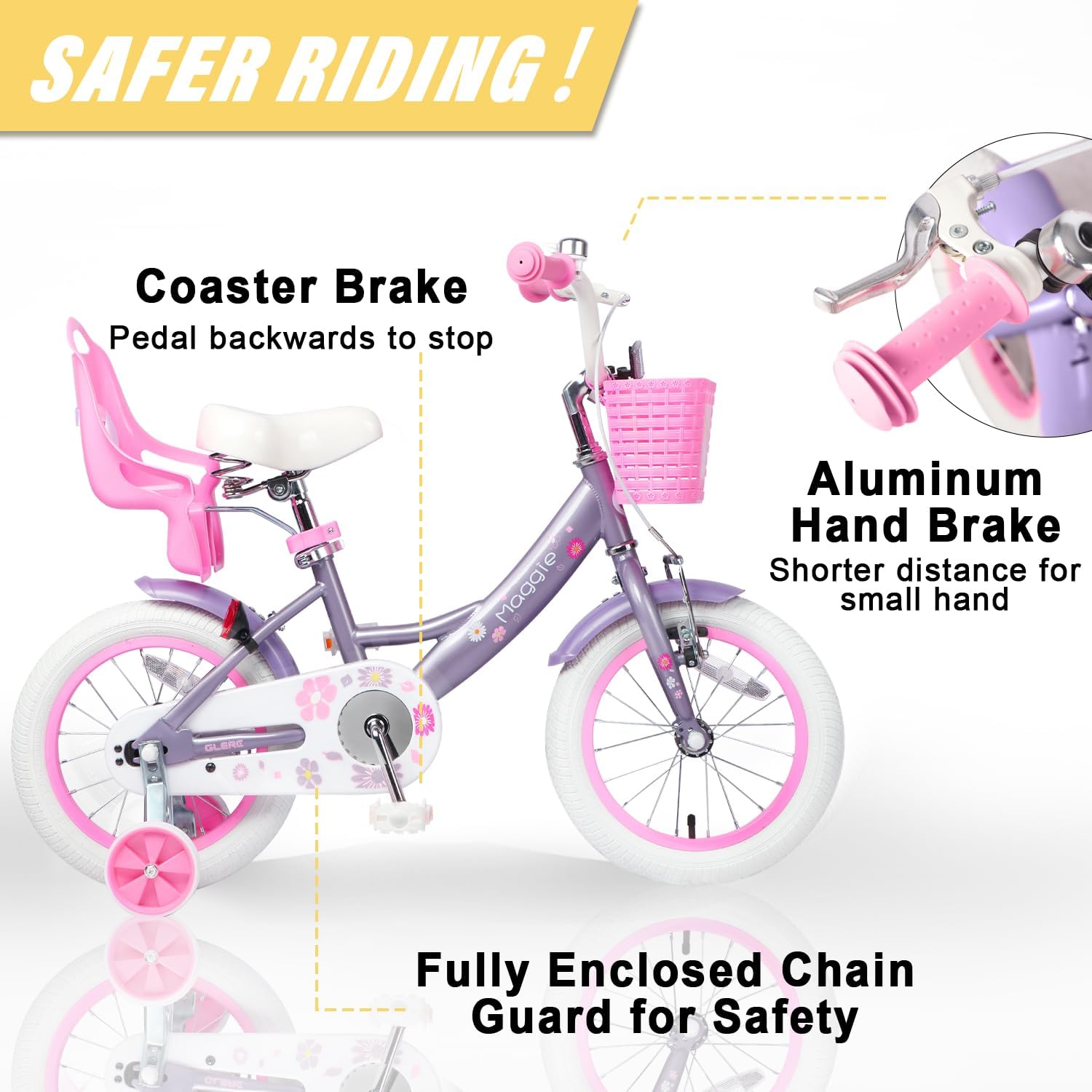 Glerc Maggie Girls Bike, 12-20 Inch Kids Bike for 2-13 Years Old Children, Princess Style Kids Bicycle with Doll-Seat & Basket & Training Wheels, Multiple Colors