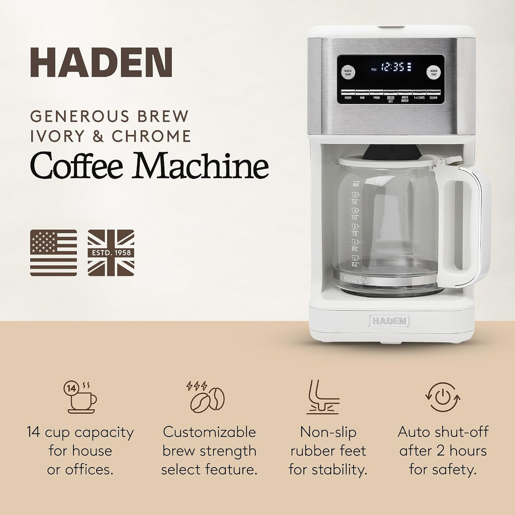 HADEN Generous Brew 14 Cup Coffee Maker with 120 Minute Keep Warm, Delay Brew, Adjustable Strength, Programmable Clock, and Anti Drip, Ivory/Chrome