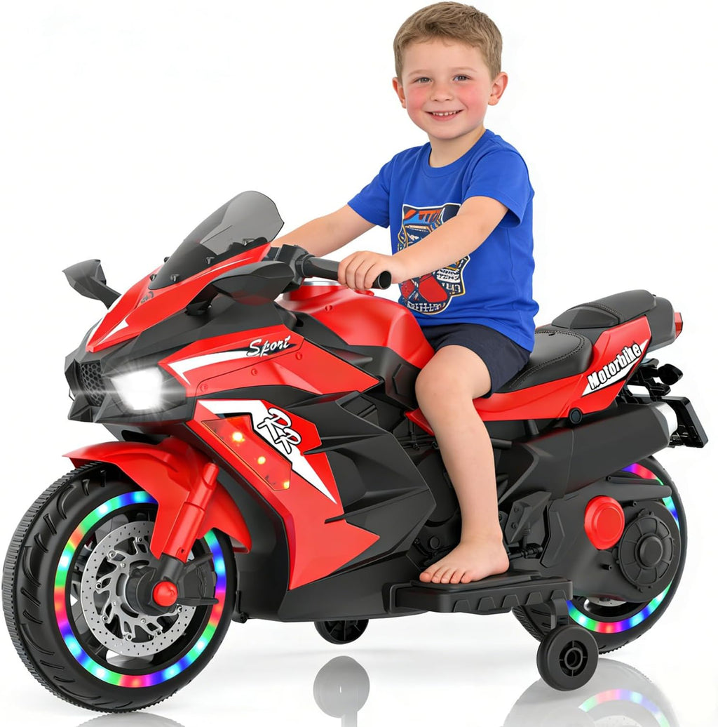 WIIS' IDEA Kids Ride On Motorcycle,12V Electric Battery Powered Ride On Bike,3 Wheels Electric Motorcycle for Kids Ages 3-6 Years with Hand Racing,LED Light-Emitting Tyres,PU seat,Toy Gifts,Red
