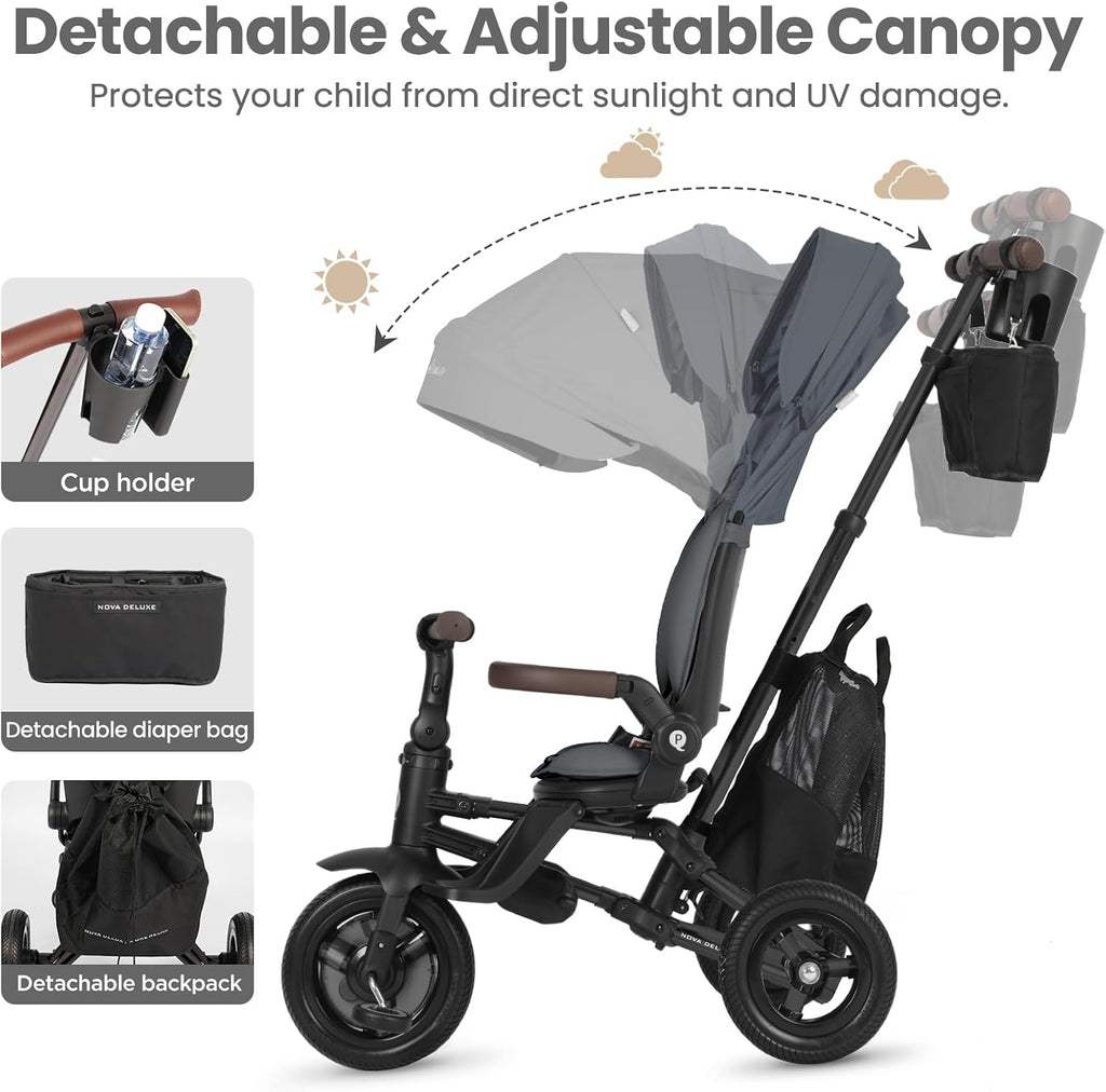 QPlay Baby Bike Stroller for Age 10 Months to 6 Years Old,8 in 1 Folding Toddler Bike Stroller with Removable Canopy & Guardrail Rotatable Seat -Tricycle for Toddlers Age 3-5 Boys & Girls Gift Trike