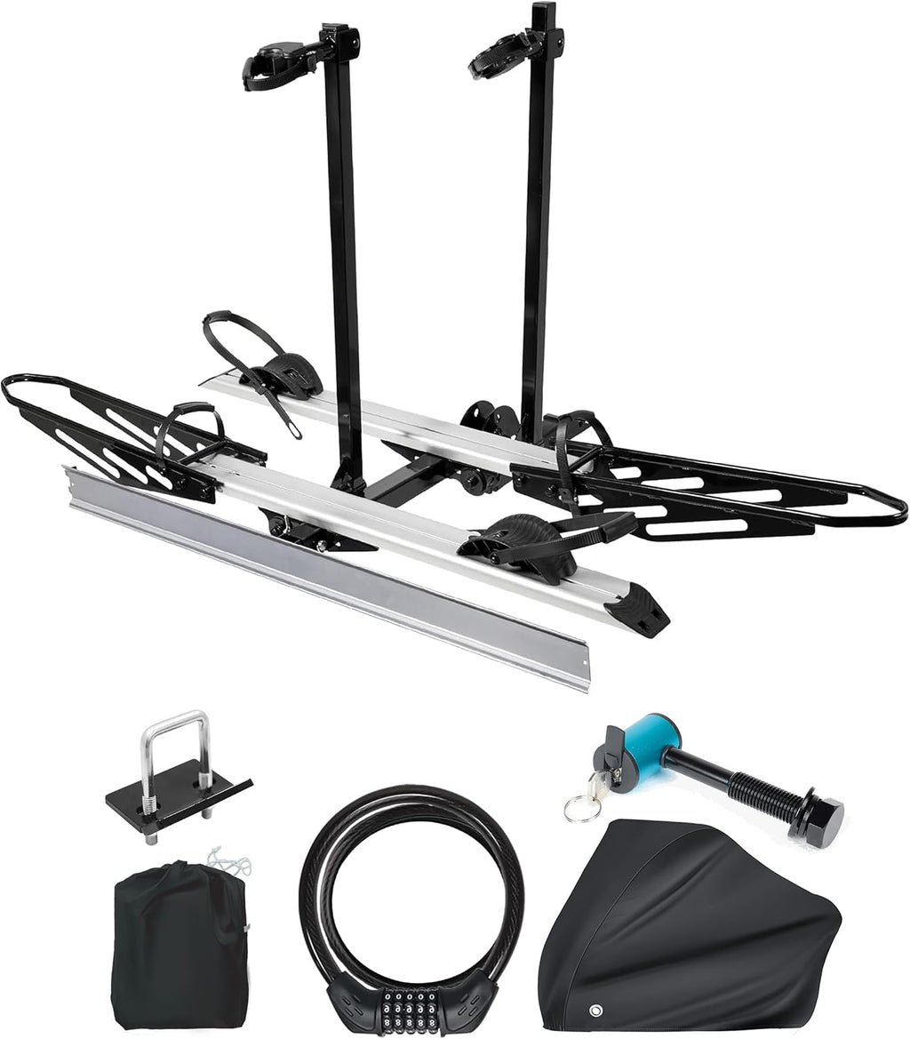 RokRack Plus Foldable 2 Ebike Rack with Ramp, 200 lbs Capacity Electric Bike Carrier Platform Mount, Hitch Bike Rack for Car SUV with Hitch Stabilizer, Lock Pin, Rain Cover & Lock
