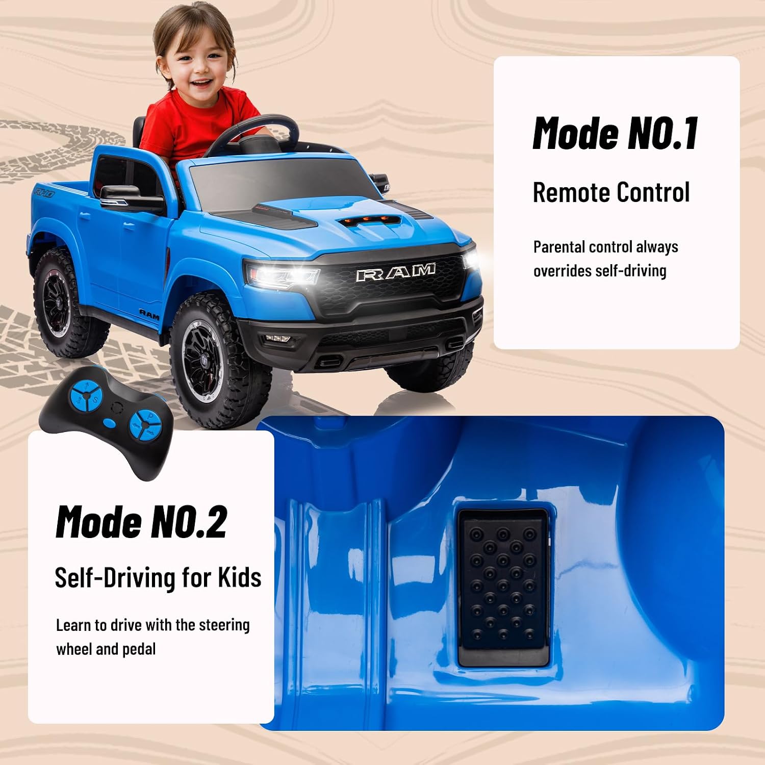 YOFE Ram 1500 RHO Ride on Car for Kids,12V Electric Truck Car with Remote,Kids Ride on Toy Car with Raised Windows,Safety Belt,Bluetooth,Music for Age 3-8 (Blue)