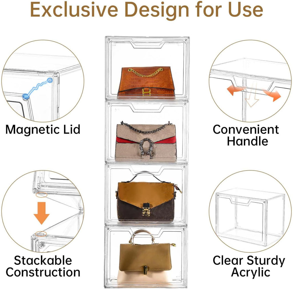 Freebat Stackable Storage Organizers, Clear Acrylic Display Case, 9-Pack Acrylic Boxes with Lids, Clear Storage Containers Storage for Handbags, Collectibles & Figures