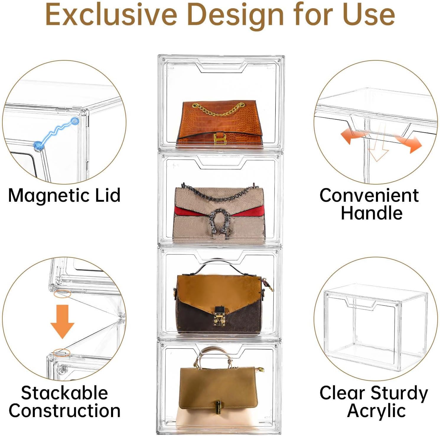 Freebat Stackable Storage Organizers, Clear Acrylic Display Case, 9-Pack Acrylic Boxes with Lids, Clear Storage Containers Storage for Handbags, Collectibles & Figures