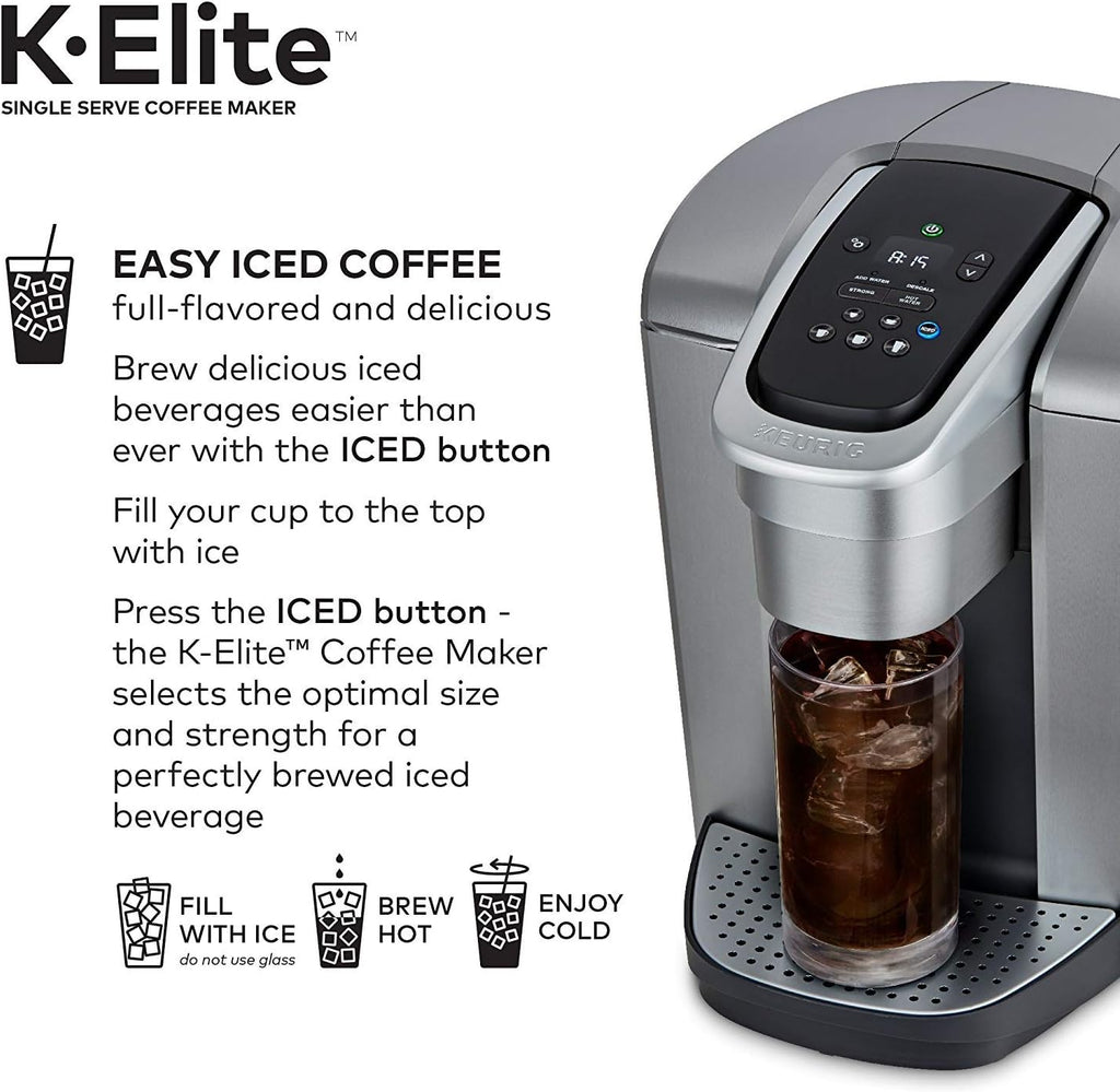 Keurig C K-Elite Maker, Single Serve K-Cup Pod Brewer, with Iced Coffee Capability, Extra Included, 75oz, Brushed Silver Plus Filter Bundle
