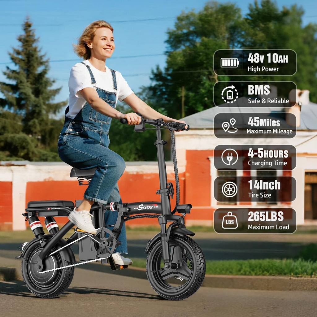 ASKGO Electric Bike for Adults Teens, 800/1200W Peak Folding Ebike, 22/25MPH & 30/45 Miles Range, Dual Suspension & Dual Brake, 3-Speed Modes, 14' Portable Electric Mini Bike, Commuting Ebike