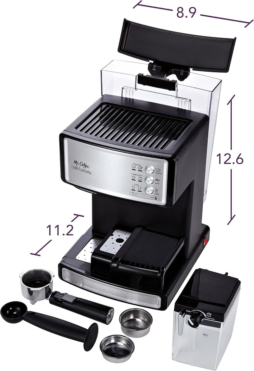 Mr. Coffee Espresso and Cappuccino Machine Stainless Steel Programmable Coffee Maker with Automatic Milk Frother 15-Bar Pump Ideal for Home Baristas