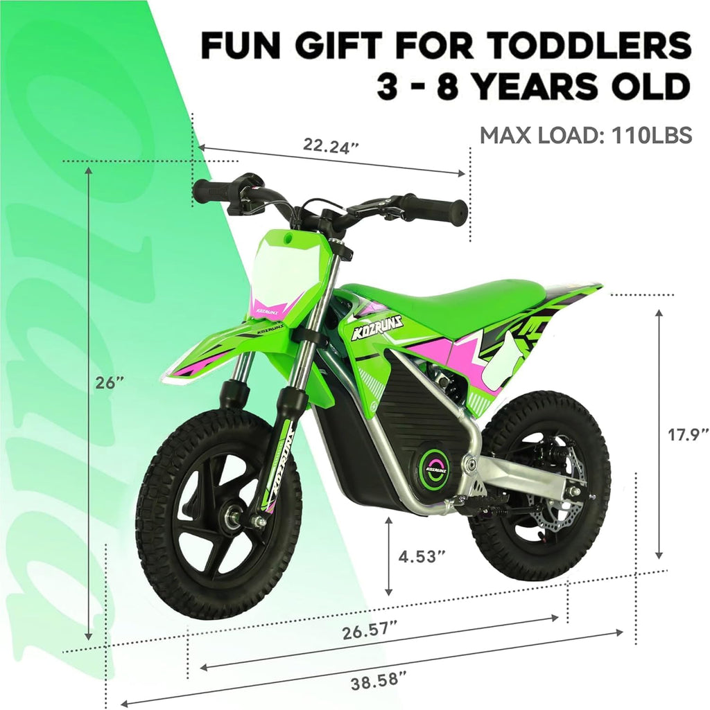 OLALA 36V Electric Dirt Bike for Kids 3-6, 250W Brushless Motor with 3-Speed Control, 15.5 MPH Max Speed, 12' Off-Road Tires Motorcycle, for Boys & Girls, Green