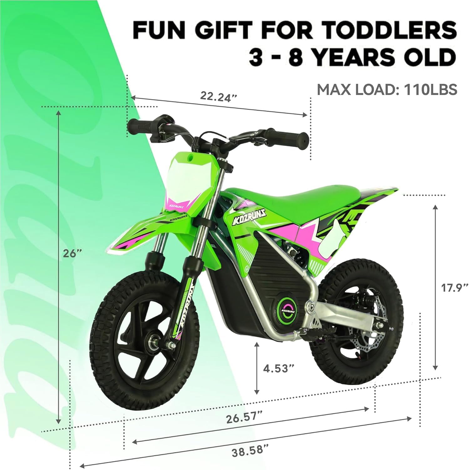 OLALA 36V Electric Dirt Bike for Kids 3-6, 250W Brushless Motor with 3-Speed Control, 15.5 MPH Max Speed, 12' Off-Road Tires Motorcycle, for Boys & Girls, Green