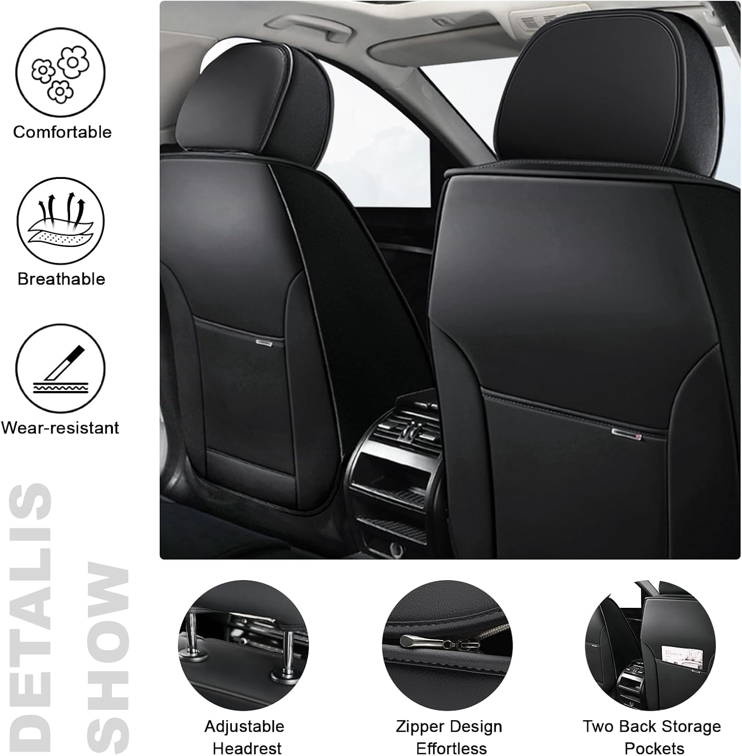 2 Seat Covers for Infiniti QX80 2000-2026 Breathable Car Seat Covers,Anti-Slip Waterproof Car Seat Protectors with Airbag,Automotive Vehicle Cushion with Storage Pockets (Standard,Black)