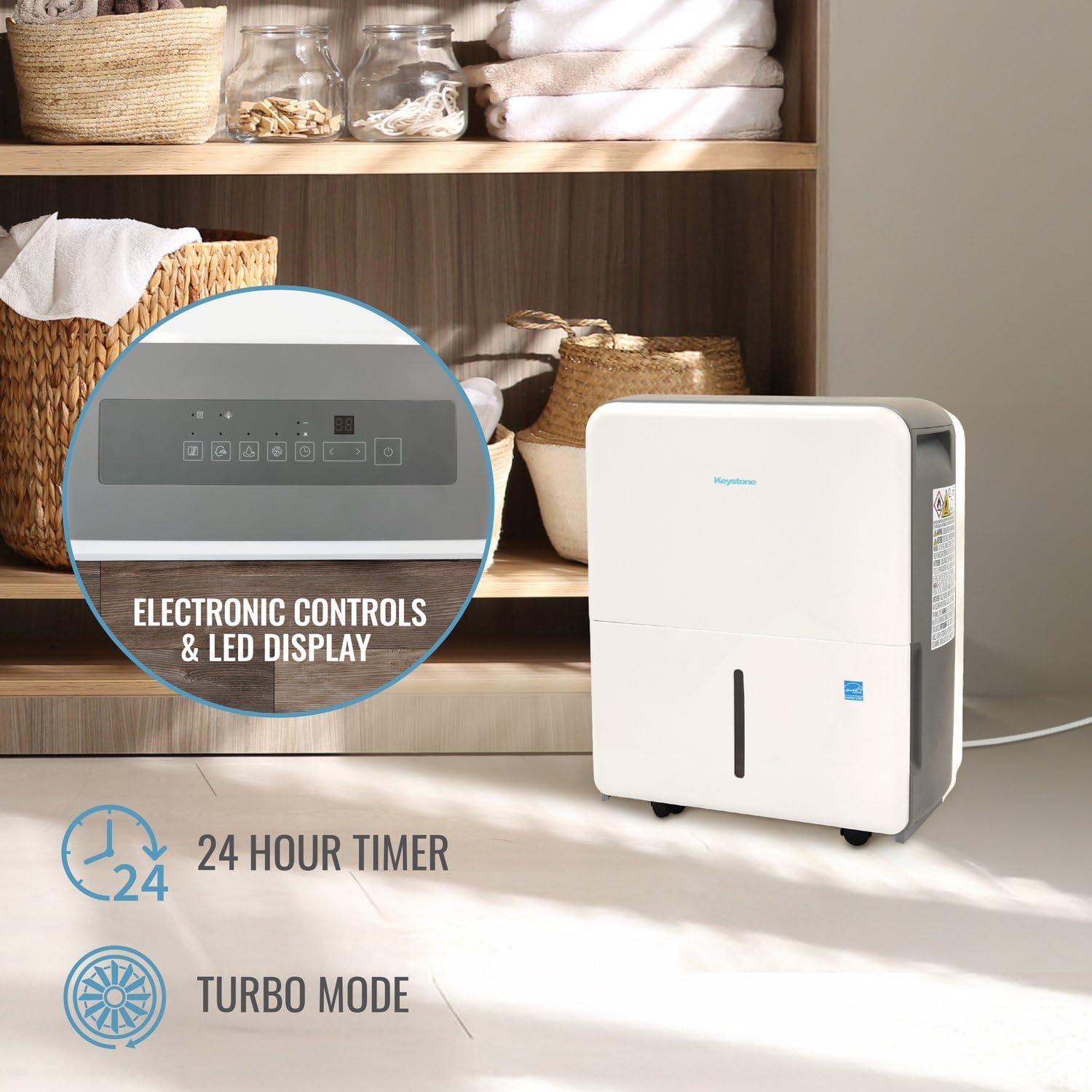 Keystone Energy Star 22-Pint Portable Dehumidifier for Large Rooms up to 1,500 Sq.Ft. with Auto-Shutoff & Timer, Quiet and Moisture Absorber For Basement, Garage, Living Room