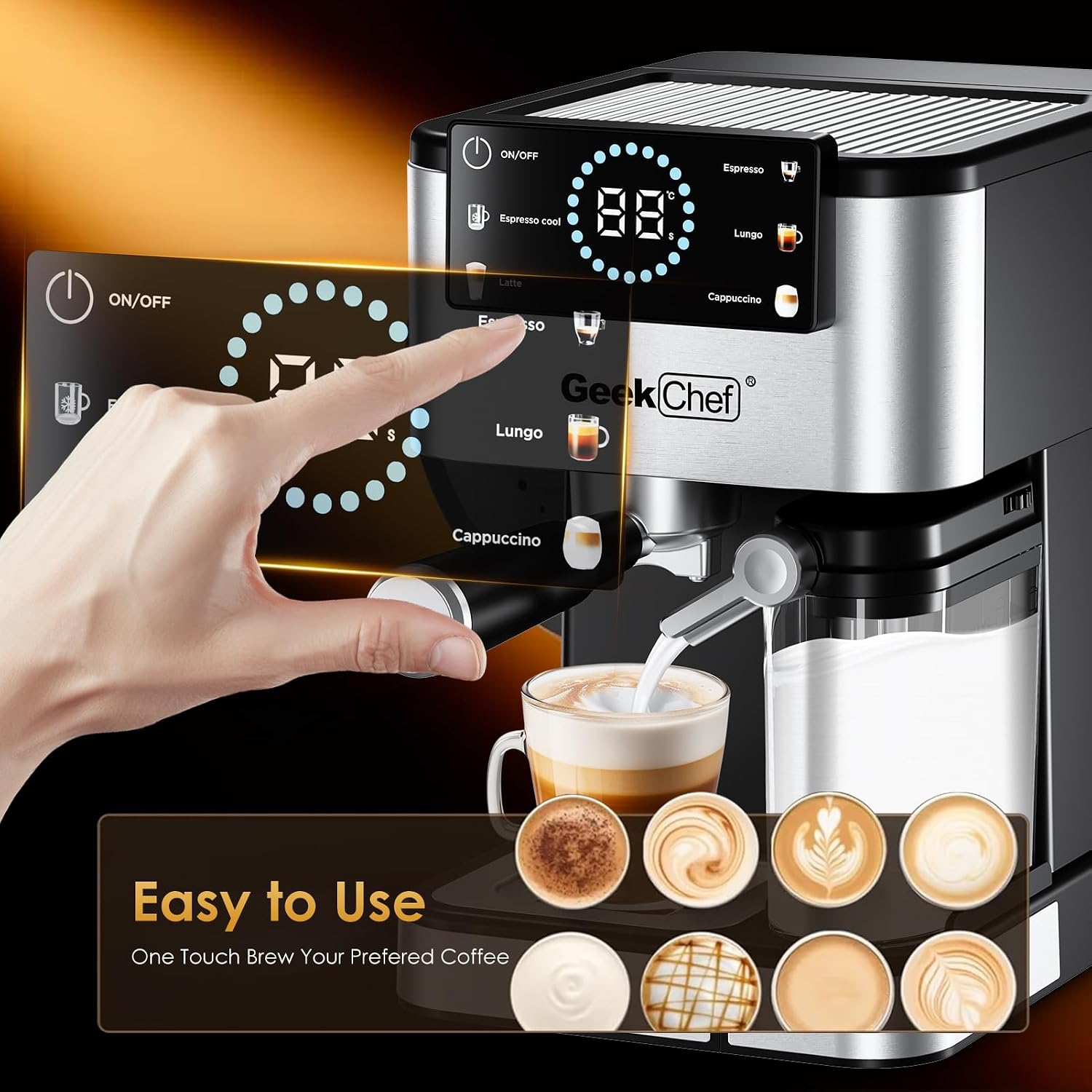 Geek Chef Espresso Machine with Milk Frother, 20 Bar Automatic Espresso Maker, Fast Heating Coffee Maker for Cappuccino, Latte & Iced Coffee, Easy to Use & Clean, for Home Barista