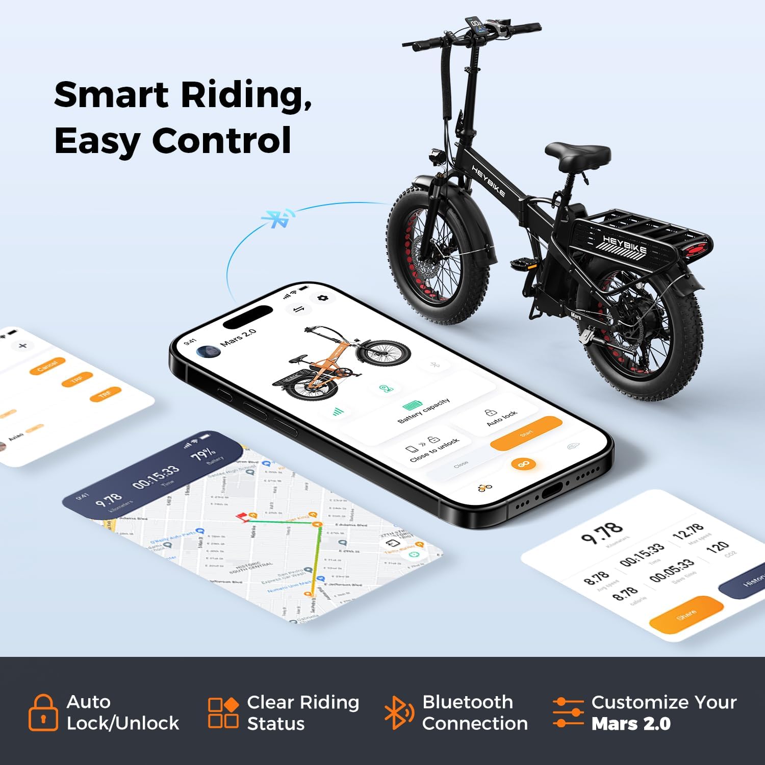 Heybike Mars 2.0/3.0 Foldable Electric Bike, UL2849 Certified, 70+Miles Long Range, 1400W/1800W Peak Motor 32MPH, 624WH Removable Battery, 20'*4 Fat Tire Ebike for Snow, Commute, Full Suspension