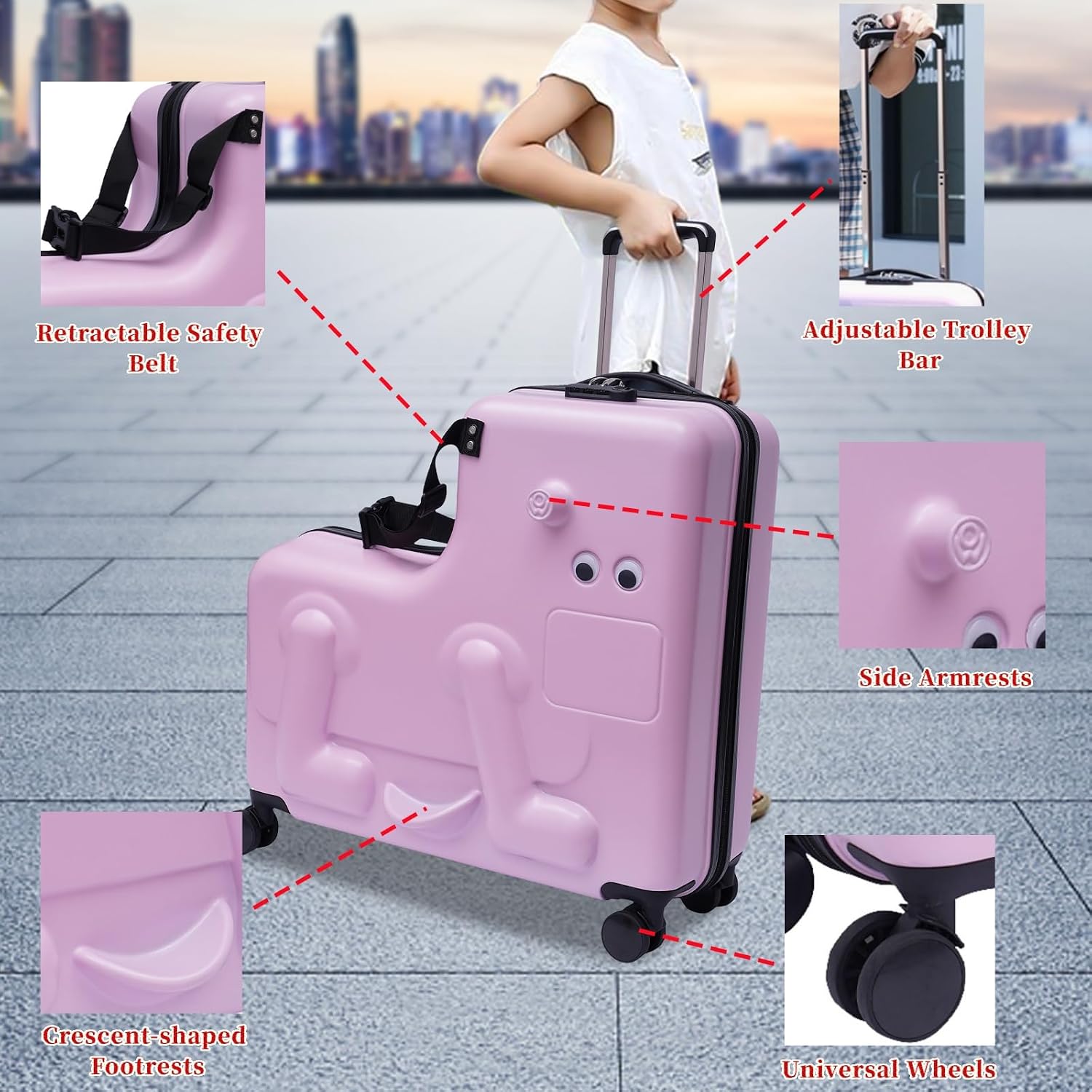 Ride on Kids Luggage, 24' Carry-on Suitcase with Double-row Universal Wheels Portable Rolling Luggage with Password Lock Unisex Riding Suitcase for Ages 4-12, Pink