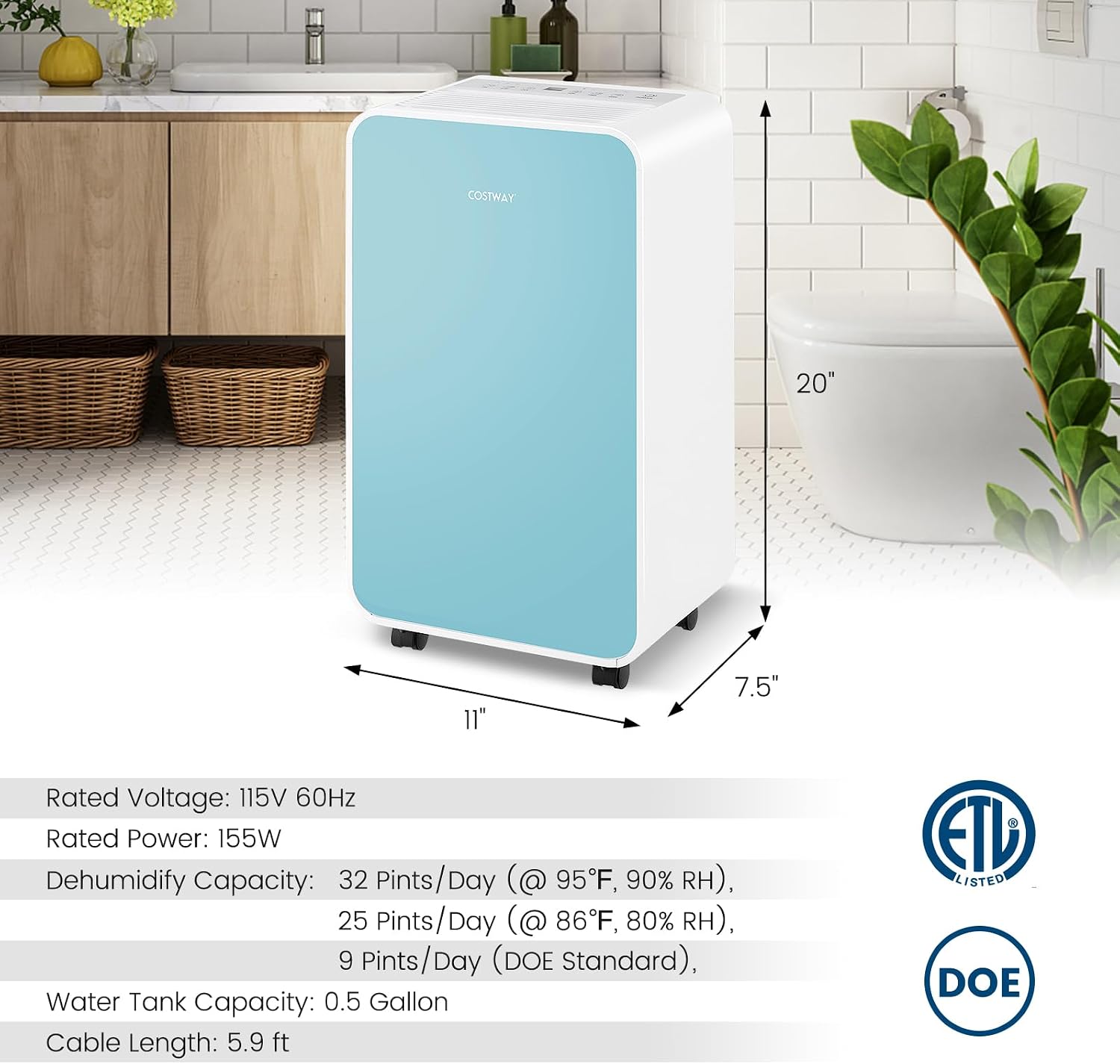COSTWAY 2500 Sq. Ft Dehumidifier for Basement, 32 Pints Portable Quiet Dehumidifier for Bedroom Bathroom with Sleep Mode, 24H Timer, Auto Shut Off, Auto Defrost & Drain Hose (Navy)
