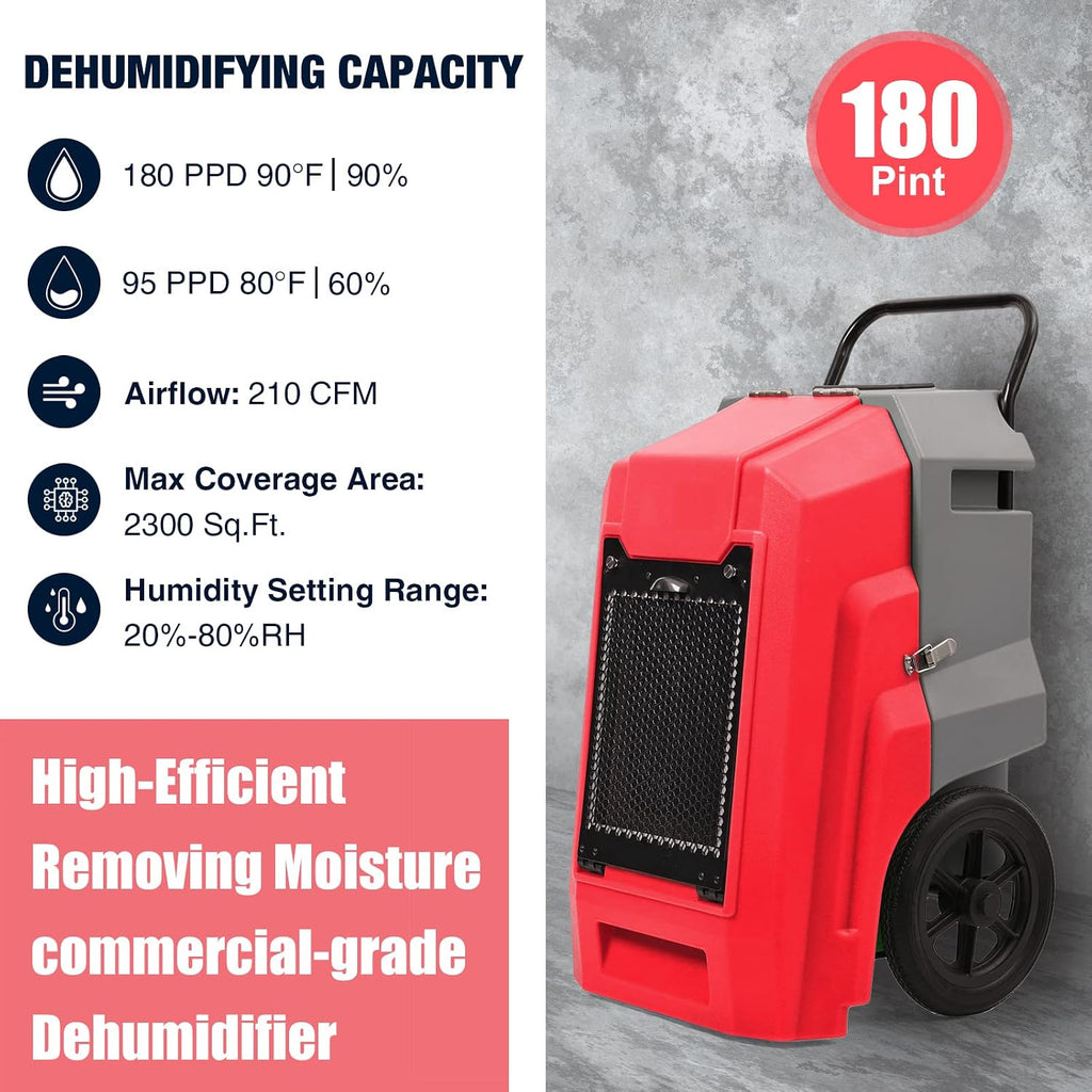 MOUNTO 180Pints Commercial Dehumidifier with Pump and Drain Hose, LGR Portable Dehumidifier with wheels for Home, Basements, Garages, and Job Sites. (Red)