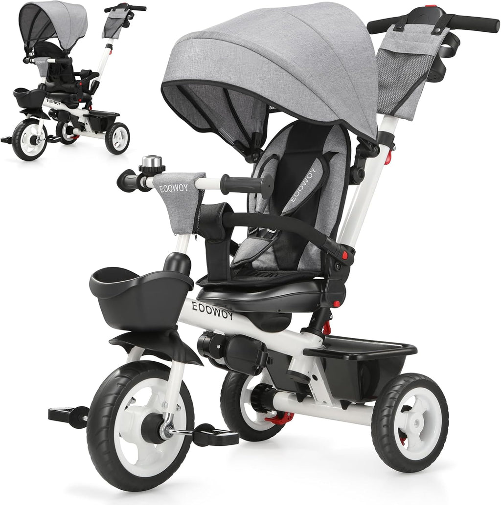 EOOWOY Toddler Tricycle with Push Handle, 7 in 1 Stroller Trike with 360° Swivel Seat, Reclining Backrest, All-Terrain Wheels, Dual Brakes, Canopy & Storage, Gift for Kids 18 Months to 5 Years, Gray