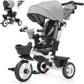 EOOWOY Toddler Tricycle with Push Handle, 7 in 1 Stroller Trike with 360° Swivel Seat, Reclining Backrest, All-Terrain Wheels, Dual Brakes, Canopy & Storage, Gift for Kids 18 Months to 5 Years, Gray