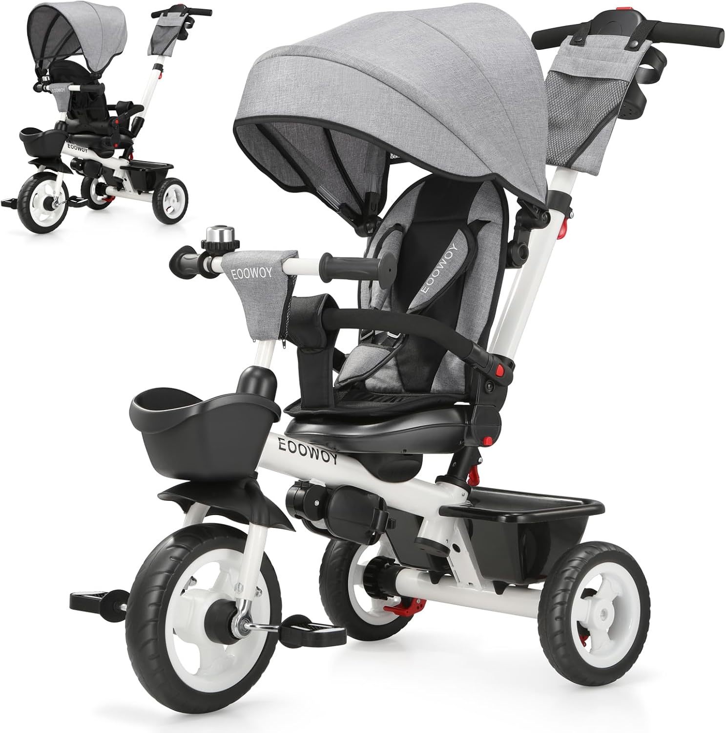 EOOWOY Toddler Tricycle with Push Handle, 7 in 1 Stroller Trike with 360° Swivel Seat, Reclining Backrest, All-Terrain Wheels, Dual Brakes, Canopy & Storage, Gift for Kids 18 Months to 5 Years, Gray