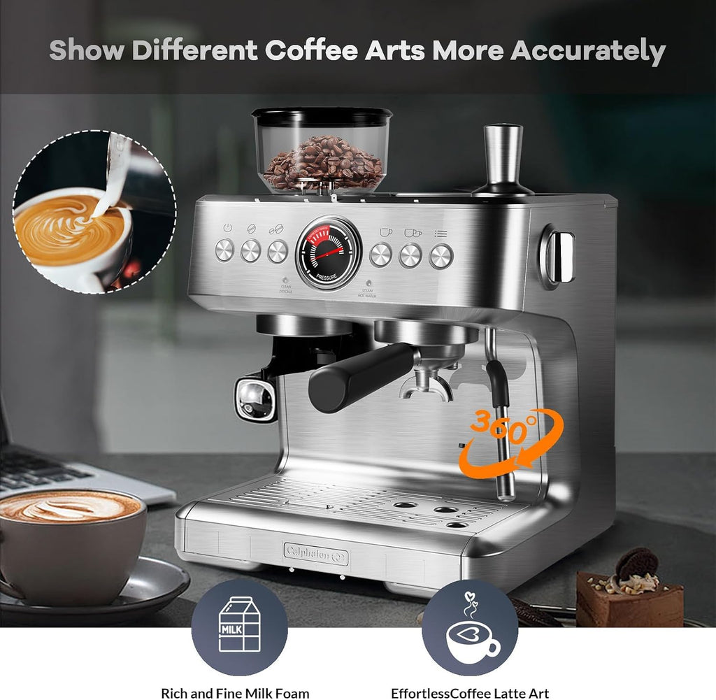 20 Bar Espresso Machine with Grinder & Milk Frother, Coffee Machine with 96Oz Removable Water Tank, Professional Espresso Maker for Home Café, Stainless Steel Coffee Maker for Cappuccino, Latte