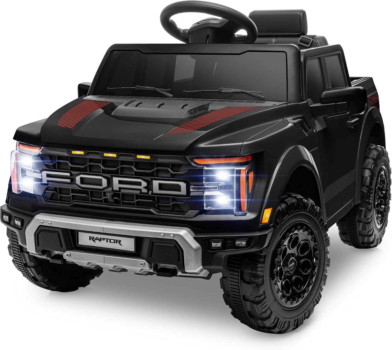ENYOPRO 12V Kids Ride On Truck, Licensed Ford F-150 Raptor Toddler Electric Car w/Remote Control, Kids Ride On Car Toy w/LED Lights, Bluetooth Music, Lockable Doors, Safety Belt, 2 Speed (Black)