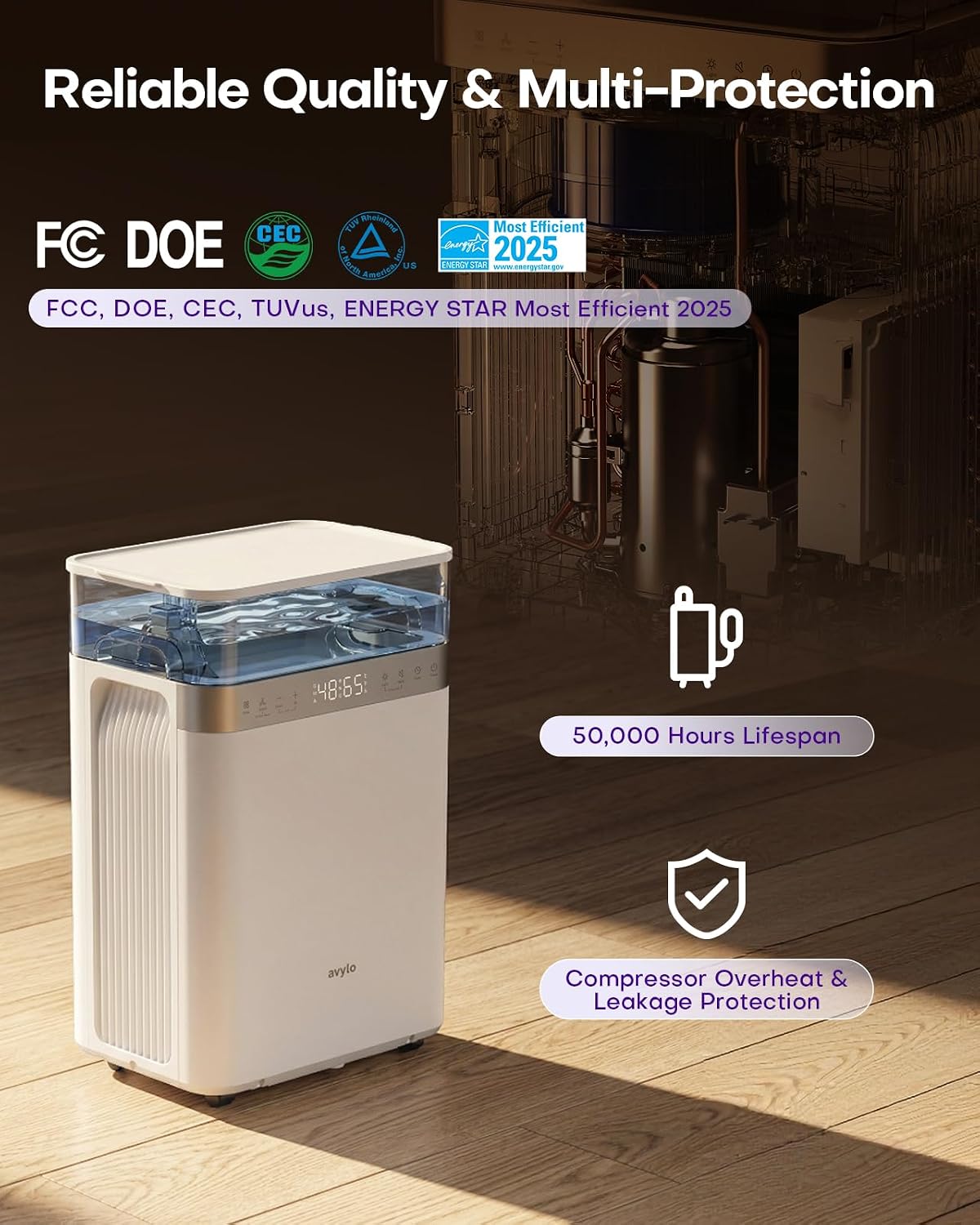 avylo Dehumidifier for Basement with Pump, 2.11 Gallon Top-Mounted Water Tank, Max 90 Pint/D, Energy Star Most Efficient 2025, 4500 Sq.Ft Dehumidifiers for Home with 41dB, Drain Hose, Auto Defrost