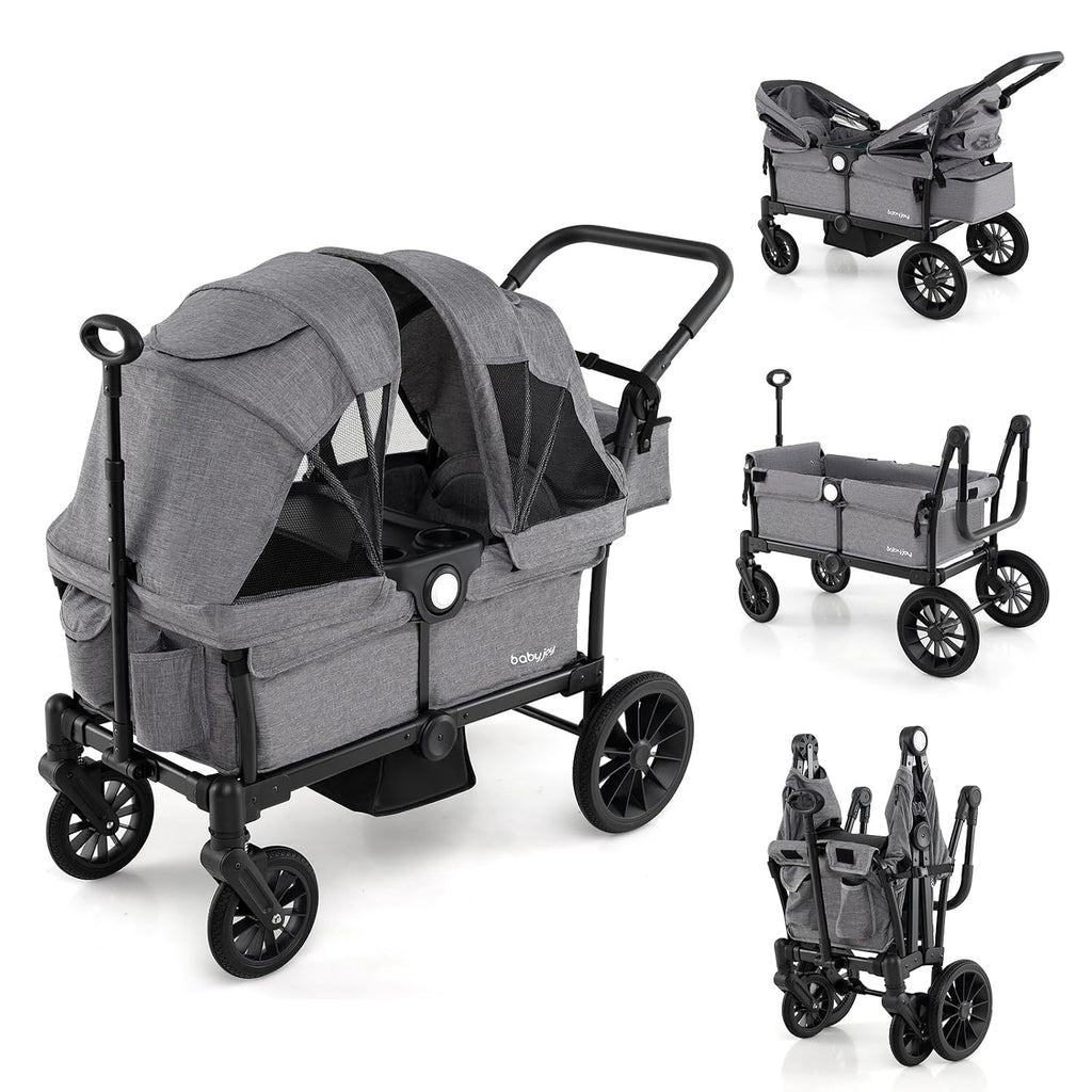 BABY JOY Wagon Stroller for 2 Kids, Collapsible Push Pull Double Stroller Wagon with Adjustable Handle Bar, Removable Canopy, Safety Harness, Cup Holder, Snack Tray & Storage Bag (Gray)