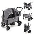 BABY JOY Wagon Stroller for 2 Kids, Collapsible Push Pull Double Stroller Wagon with Adjustable Handle Bar, Removable Canopy, Safety Harness, Cup Holder, Snack Tray & Storage Bag (Gray)