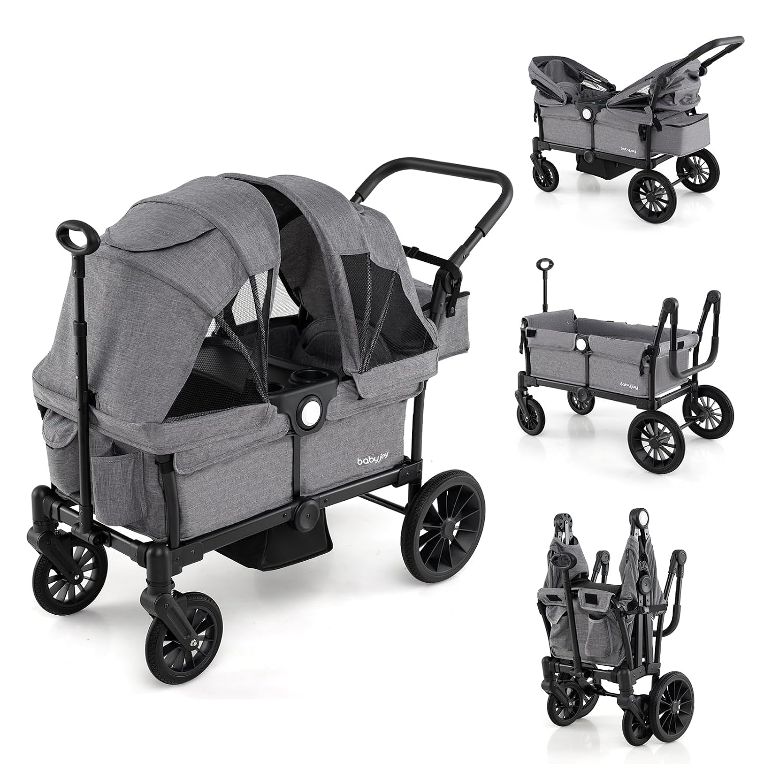 BABY JOY Wagon Stroller for 2 Kids, Collapsible Push Pull Double Stroller Wagon with Adjustable Handle Bar, Removable Canopy, Safety Harness, Cup Holder, Snack Tray & Storage Bag (Gray)