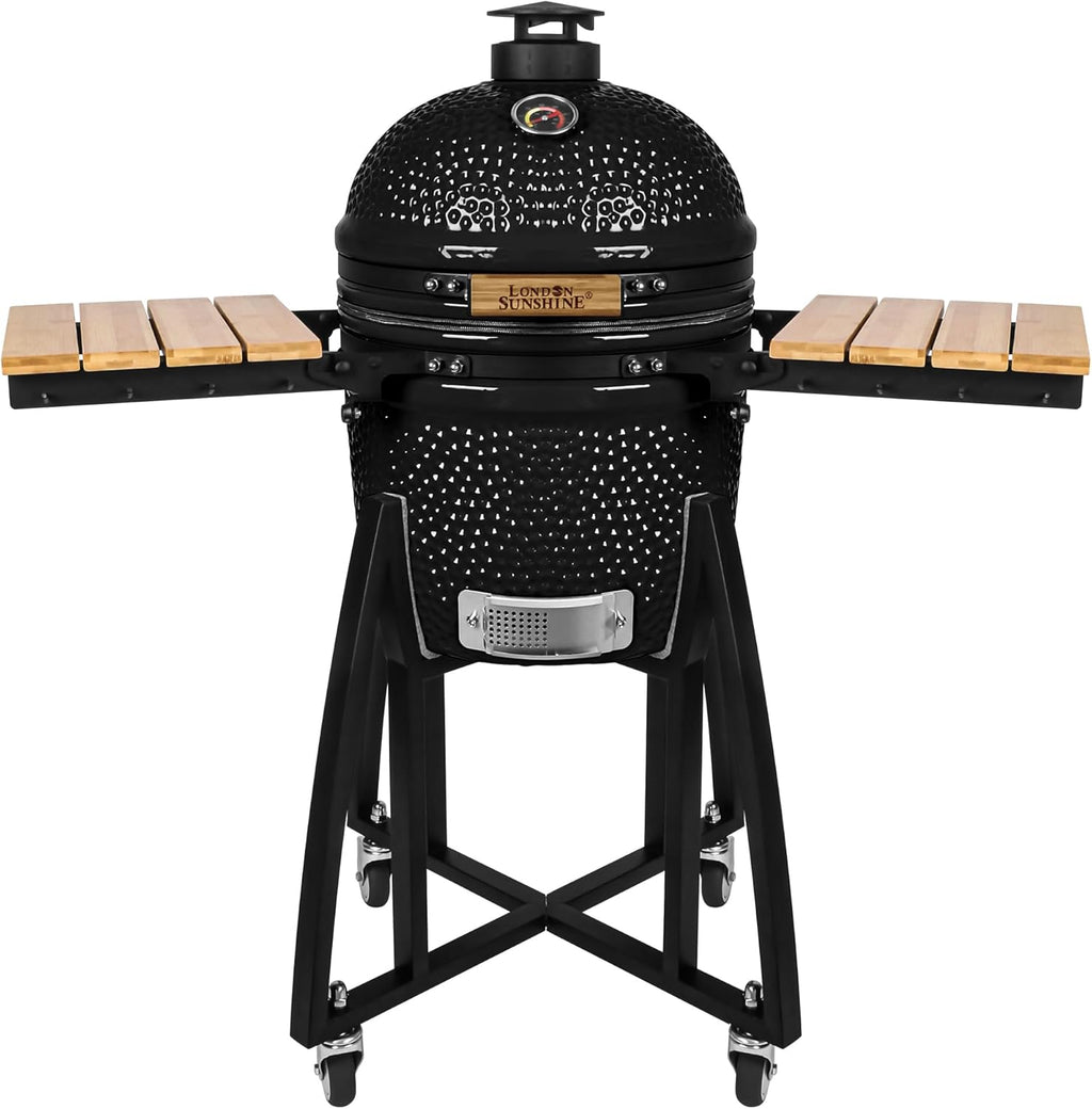 London Sunshine 15-inch Ceramic Kamado Charcoal BBQ Grill & Smoker with Locking Casters, Foldable Side Shelves, Stainless Steel Grates, and Tall Stand (Black)