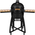 London Sunshine 15-inch Ceramic Kamado Charcoal BBQ Grill & Smoker with Locking Casters, Foldable Side Shelves, Stainless Steel Grates, and Tall Stand (Black)