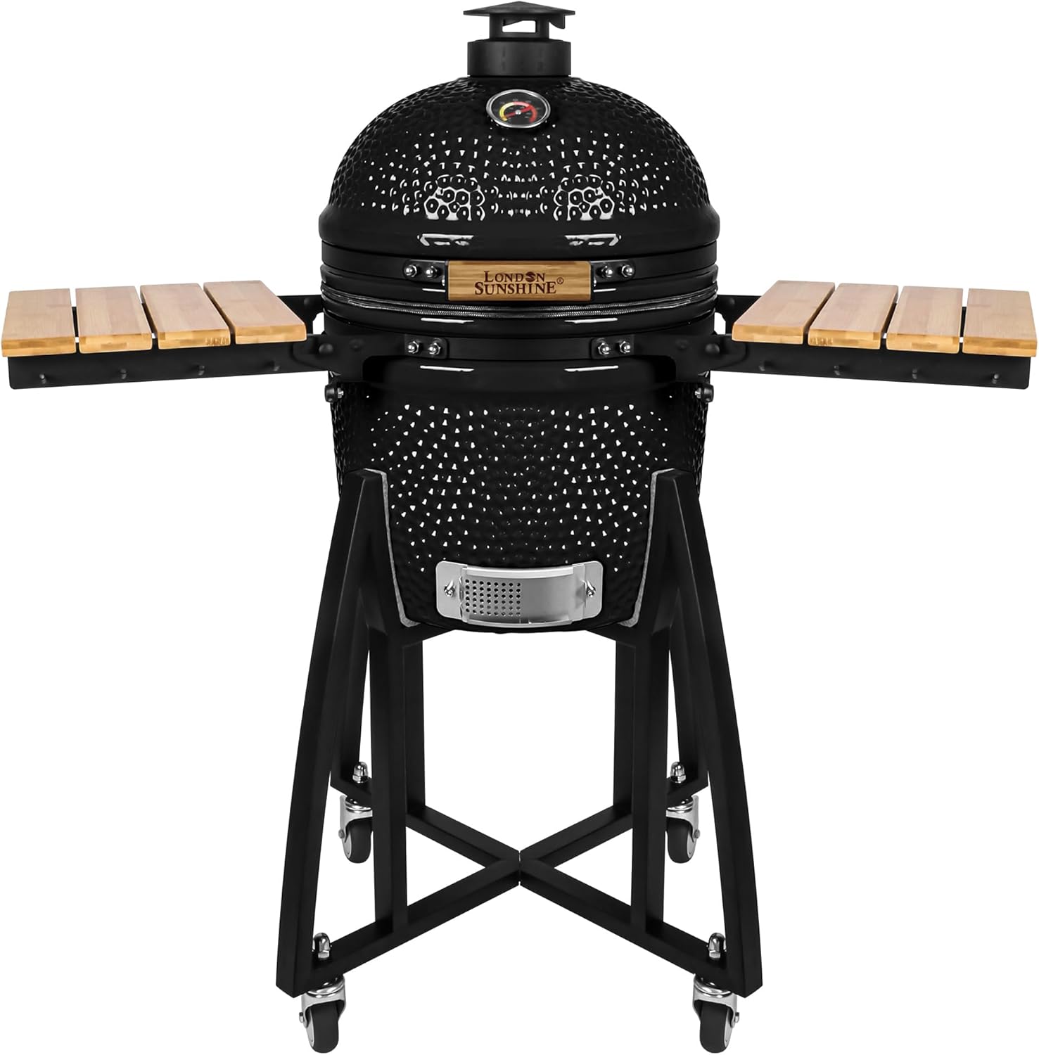 London Sunshine 15-inch Ceramic Kamado Charcoal BBQ Grill & Smoker with Locking Casters, Foldable Side Shelves, Stainless Steel Grates, and Tall Stand (Black)
