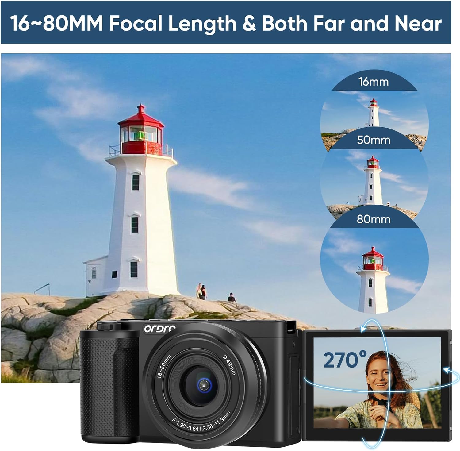 ORDRO 5K Digital Camera for Content Creators and Vloggers, 64MP Vlogging Camera for YouTube, WiFi Cameras for Photography with Flip Touchscreen, Auto-Focus, Wide Angle for Photography, with Stand