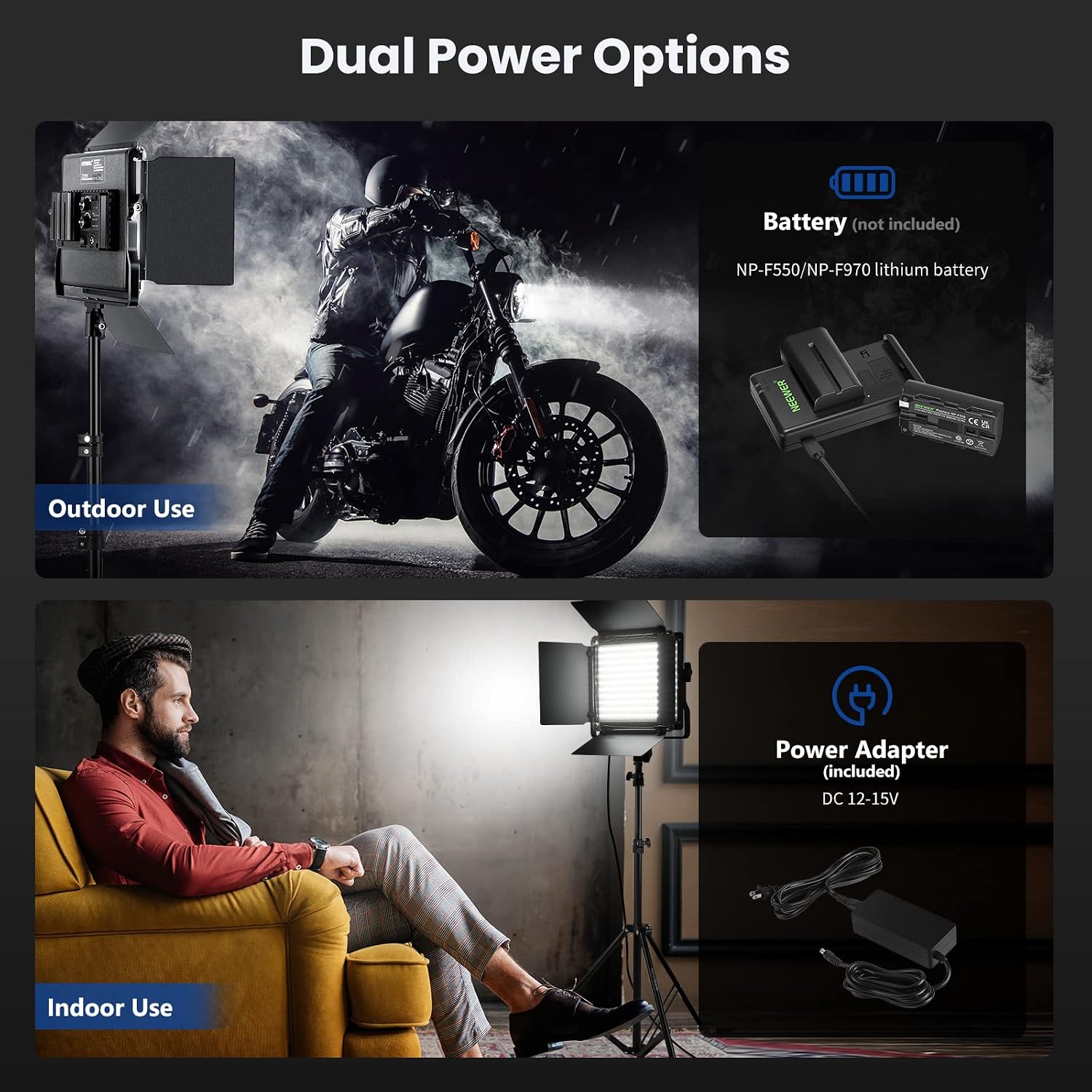 NEEWER 2 Pack Bi Color 660 LED Video Light and Stand Kit: (2) 3200-5600K CRI 96+ Dimmable Light with U Bracket and Barndoor, (2) 75 inches Light Stand for Studio Photography, Video Recording (Black)
