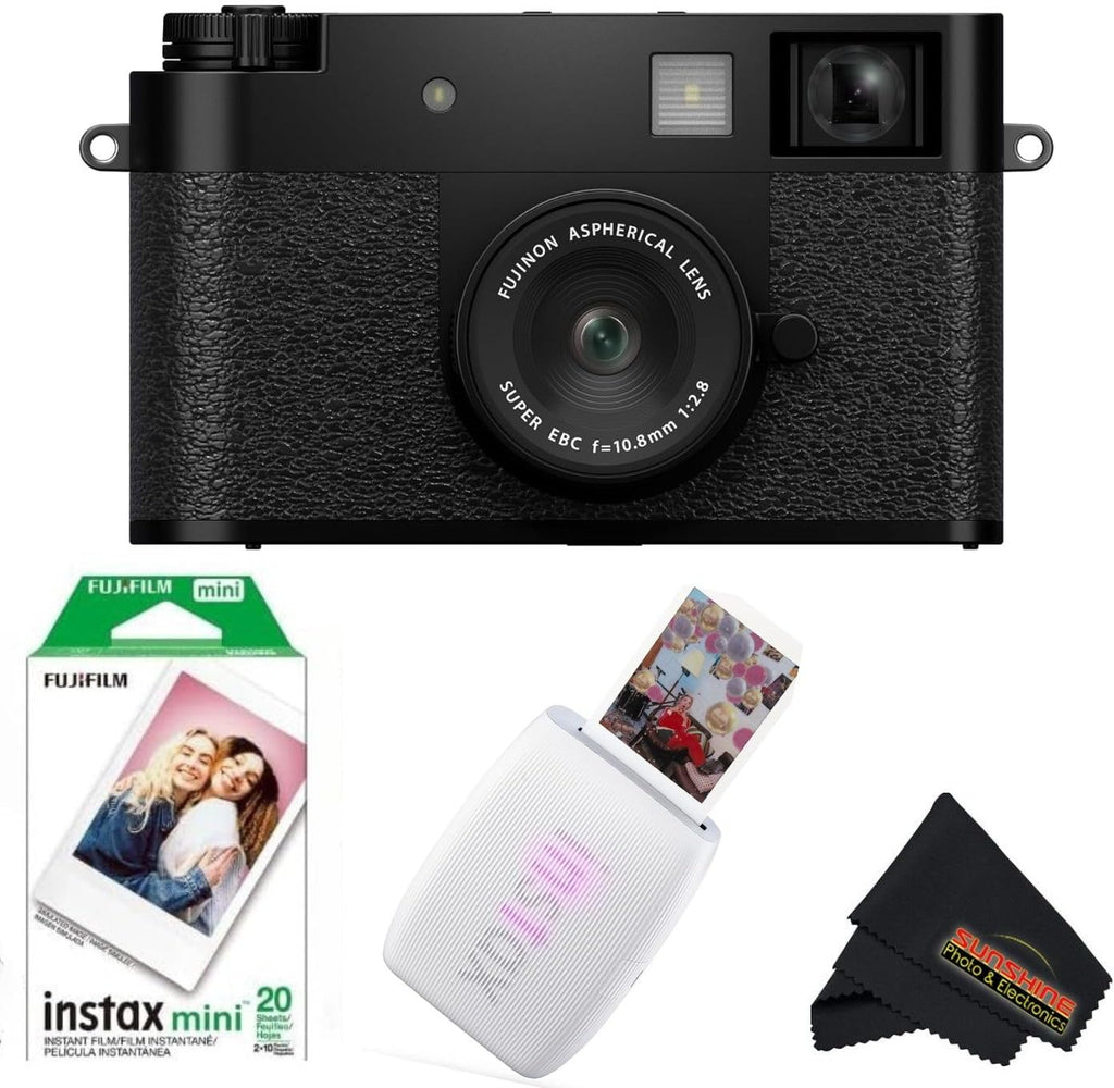 FUJIFILM X Half Digital Camera with Fujifilm Instax Mini Link 3 Smartphone Printer and Sunshine Microfiber Cleaning Cloth... (Black, Clay White Printer + 20 Sheets)