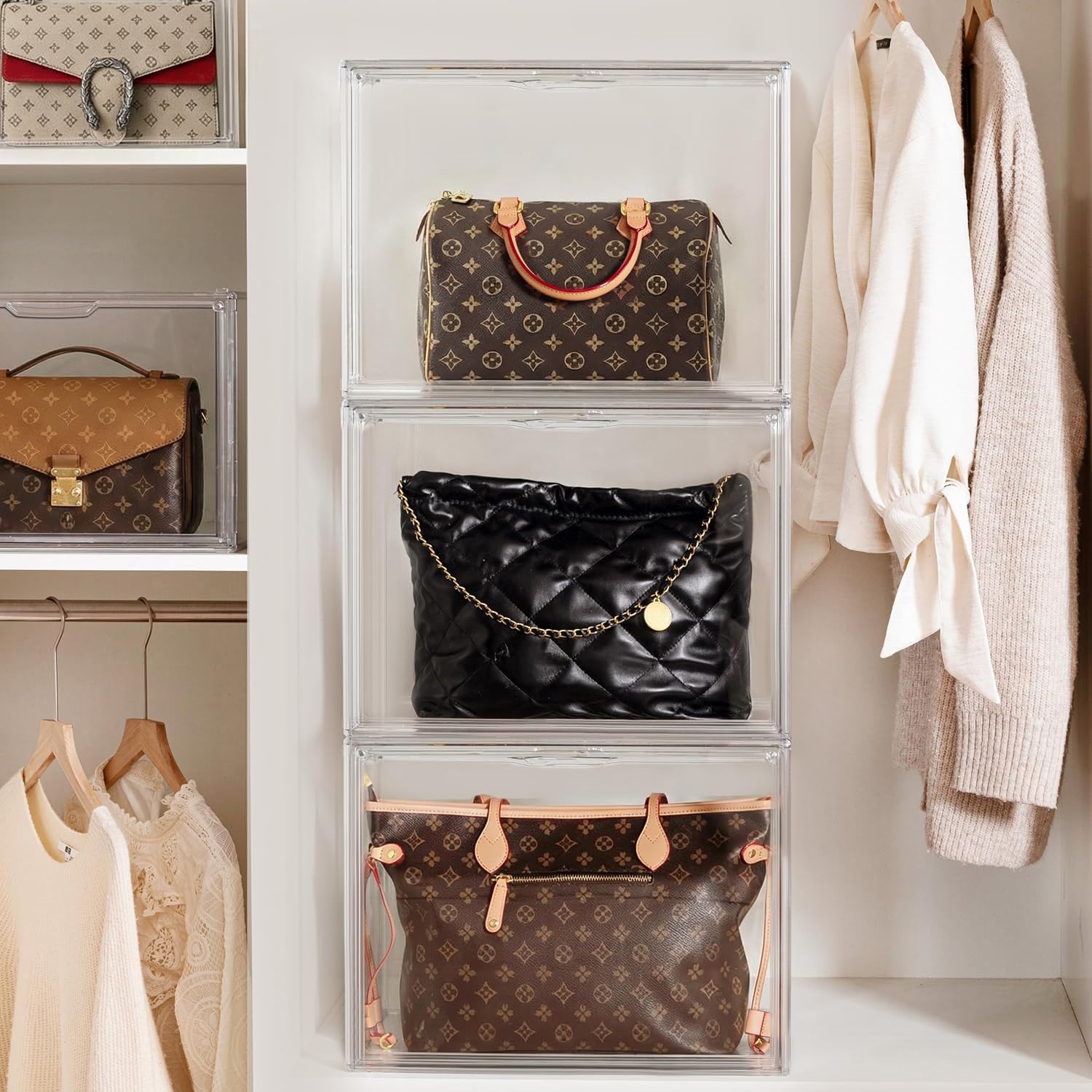 HBlife 5 Pack Purse Storage Organizer for Closet, X-Large Clear Stackable Handbag Display Case Box with Magnetic Door for Collectibles, Cosmetics, Women Heels and Toys