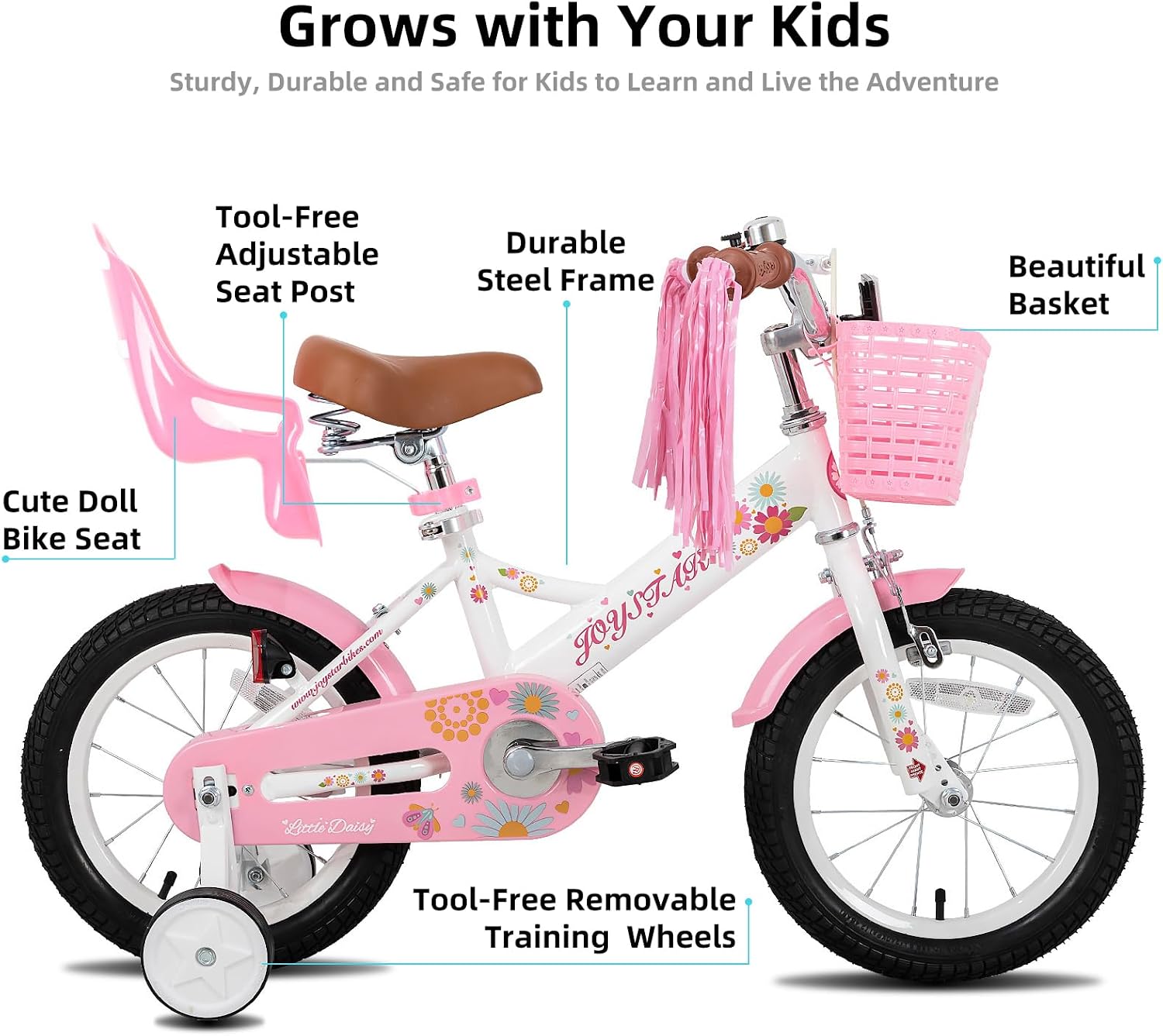 JOYSTAR Little Daisy Kids Bike for Girls Boys Ages 2-7 Years, 12 14 16 Inch Girls Bikes with Doll Bike Seat & Streamers, Boys Bike with Flag & Number Plate, Multiple Colors
