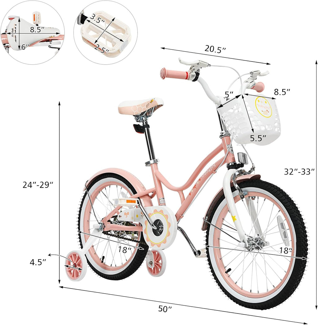 BABY JOY Girls Bike, 12' 14' 16' 18' Kids Bike for 3-8 Years Old with Training Wheels, Adjustable Seat & Handlebar, Handbrake & Coaster Brake, Children Bicycle