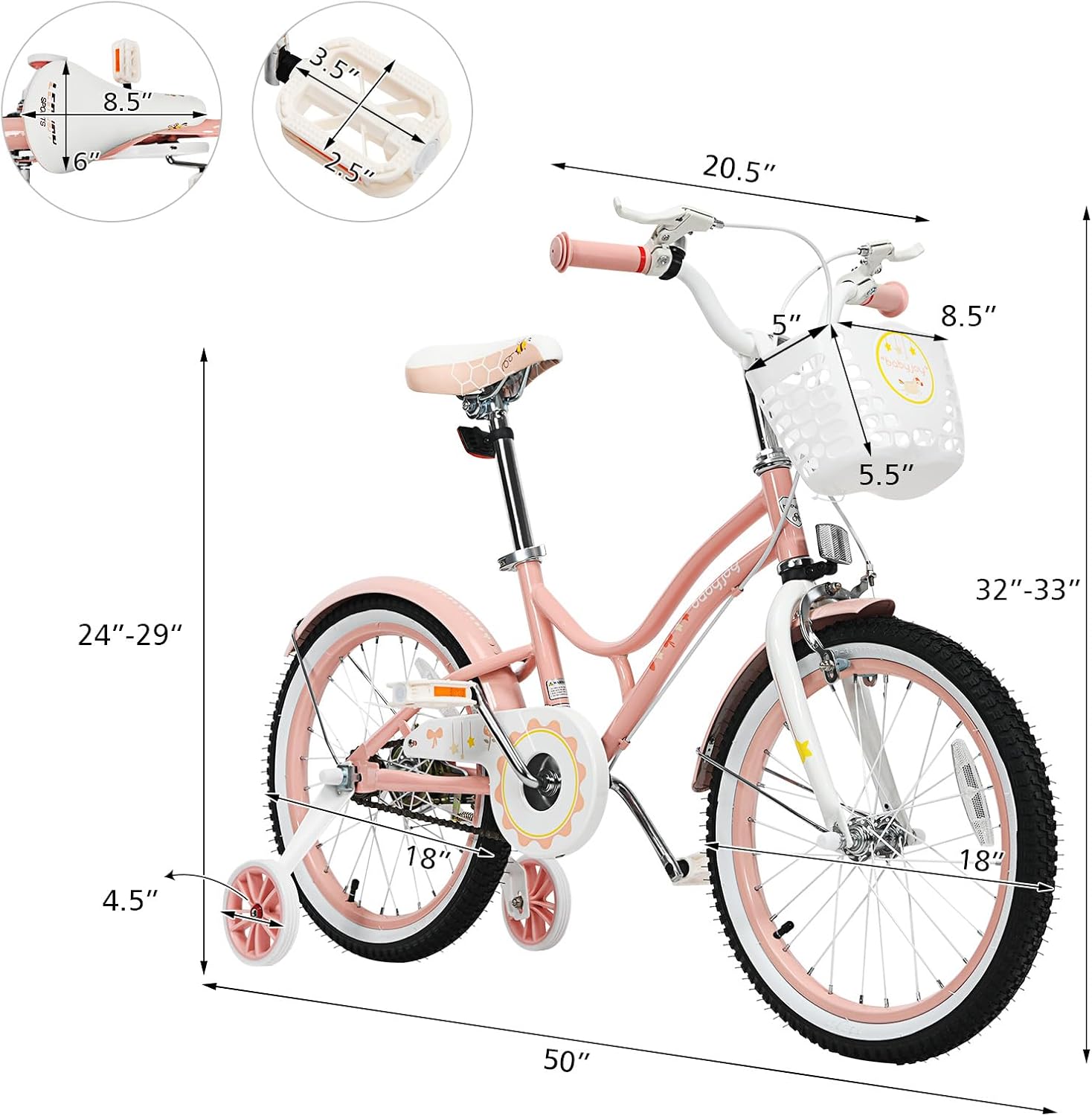 BABY JOY Girls Bike, 12' 14' 16' 18' Kids Bike for 3-8 Years Old with Training Wheels, Adjustable Seat & Handlebar, Handbrake & Coaster Brake, Children Bicycle