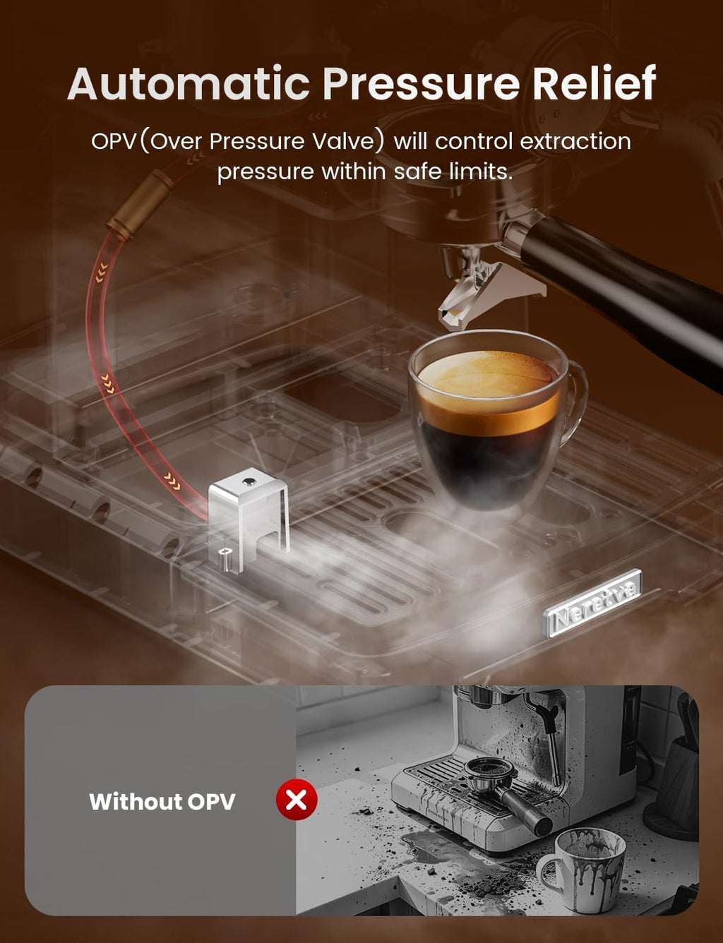 Neretva Espresso Machine, 15 Bar Espresso Coffee Machine with Visible Pressure Guage Professional Espresso Maker with Milk Frother & Stainless Steel for Home Barista Latte and Cappuccino Maker-Silver