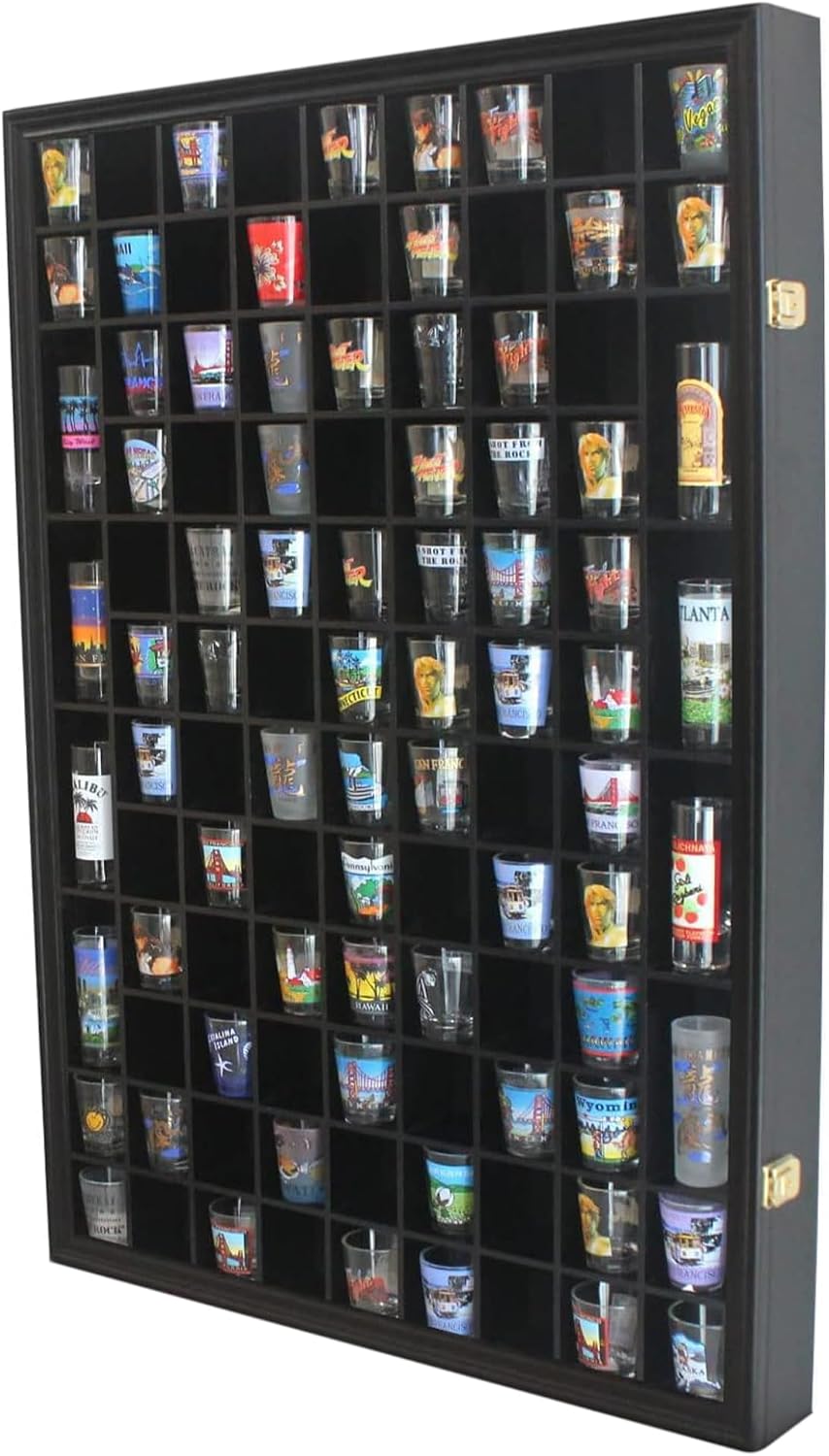 100 Shot Glass Display Case Holder Shadow Box Wall Cabinet, with Acrylic Door (Black Finish)