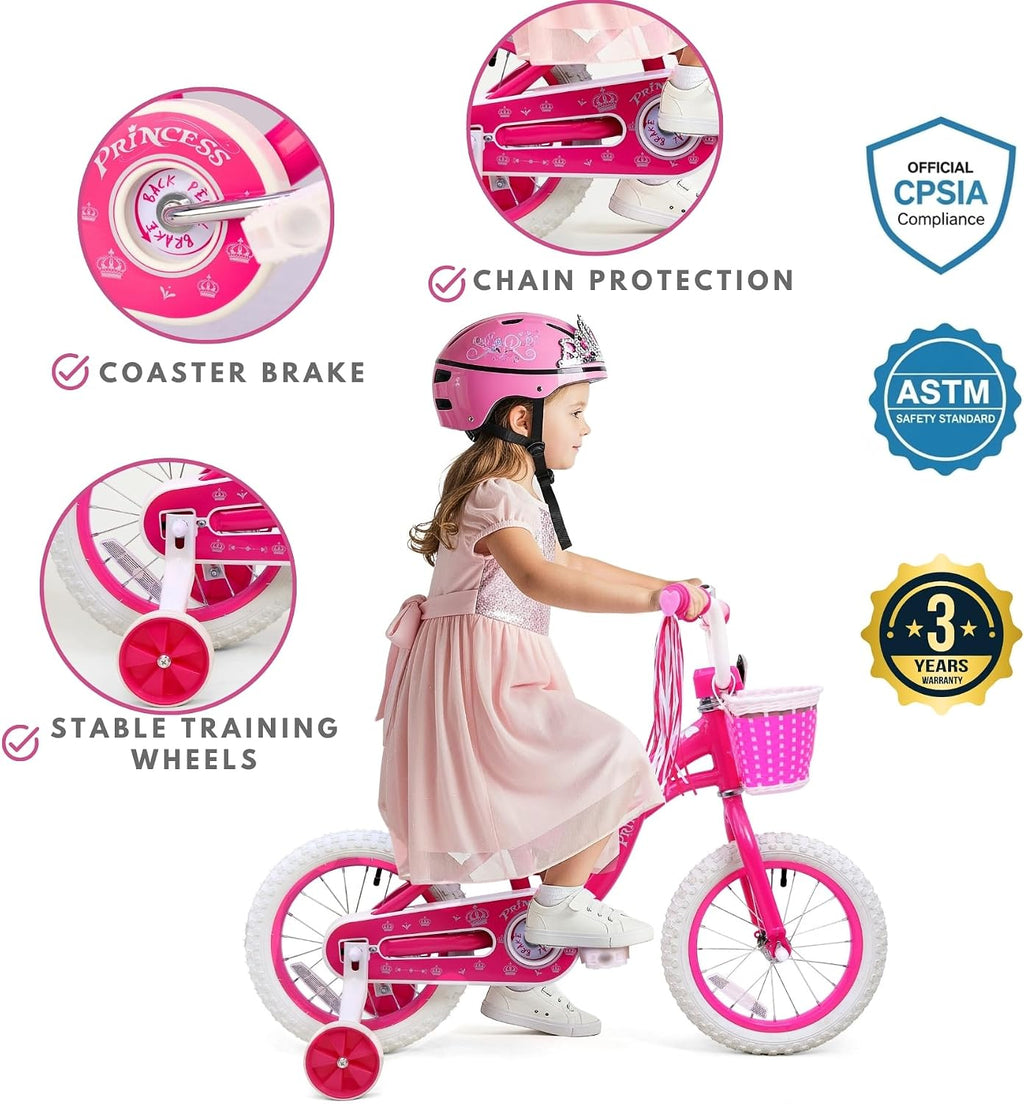 bicystar Girls Bike for Toddlers Ages 2-5 Years, 12 14 16 Inch Princess Kids Bike with Training Wheels, Sparkling Frame, Basket, Streamers, Pink Pedal Bicycle, Birthday Gift
