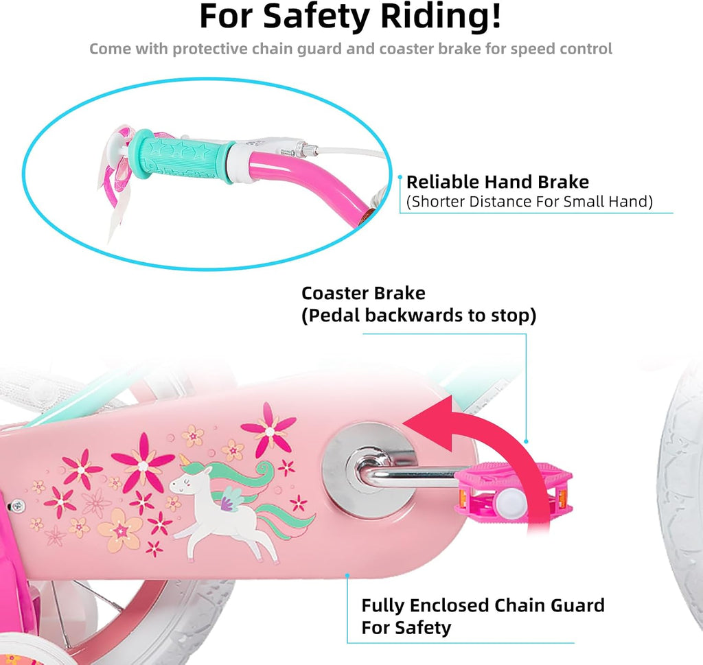 JOYSTAR Unicorn Kids Bike for Girls Ages 2-9 Years Old, 12 14 16 18 Inch Kids Bike with Training Wheels, Doll Seat, Streamers and Basket, Toddler Girl Bicycle, Multiple Colors