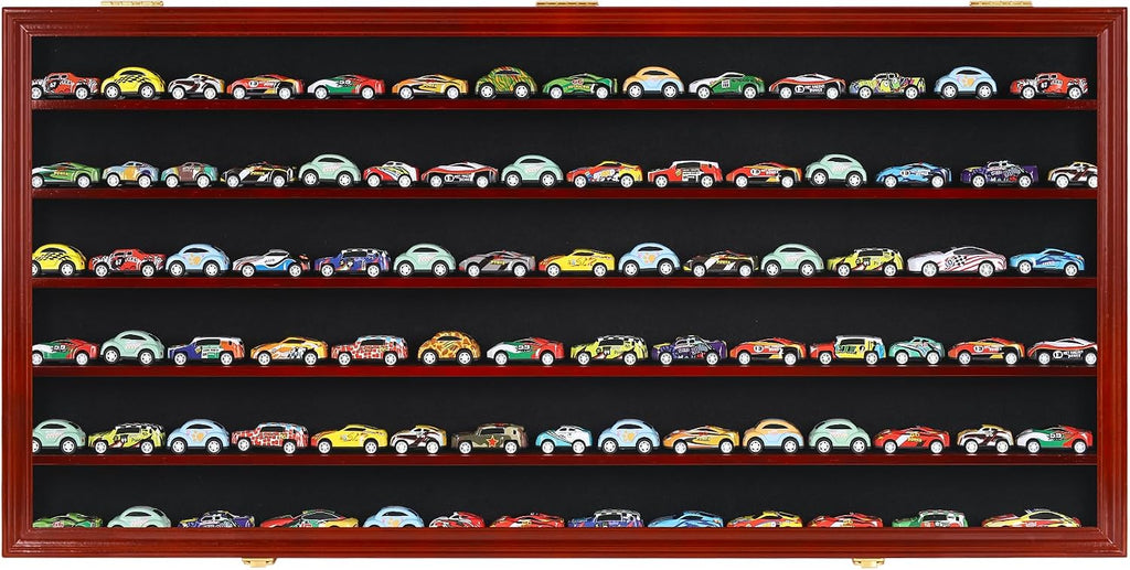 DisplayGifts Block Toy Minifigures Miniatures Display Case Frame Wall Cabinet Stand 200 Toys Dust Protection, Shelves alos Compatible with 1:64 Scale hot Small Toy Wheels - Mahogany Finish