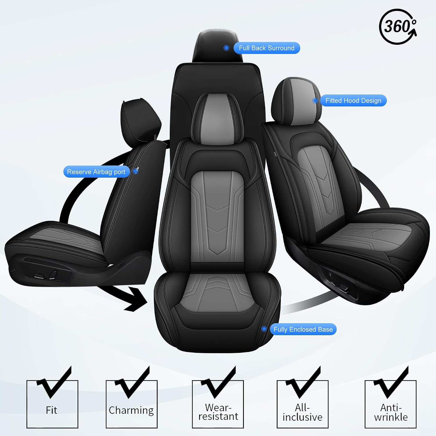 Seat Covers Compatible with Chevrolet Chevy Equinox 2007-2025 2026 Front Seat Cover for Car, Premium Luxury Faux Leather Seat Protector Seat Cushion (Black&Grey)
