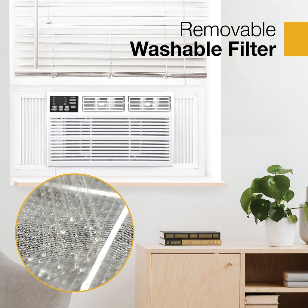 Whirlpool 18,000 BTU Window Air Conditioner with Dehumidifier, 230V, Window AC for Large Rooms up to 1000 Sq. Ft., Bedroom, Living Room, Apartment, with Remote, 3 Speeds, and 24H Timer, White