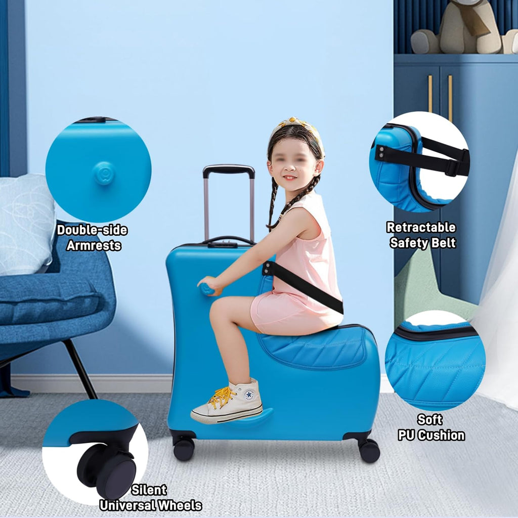 Kids Ride-on Luggage, 24' Carry-on Suitcase with Universal Wheels Trolley Luggage with Password Lock Unisex Riding Luggage for Travel (24', With Leather Cushion,Blue)