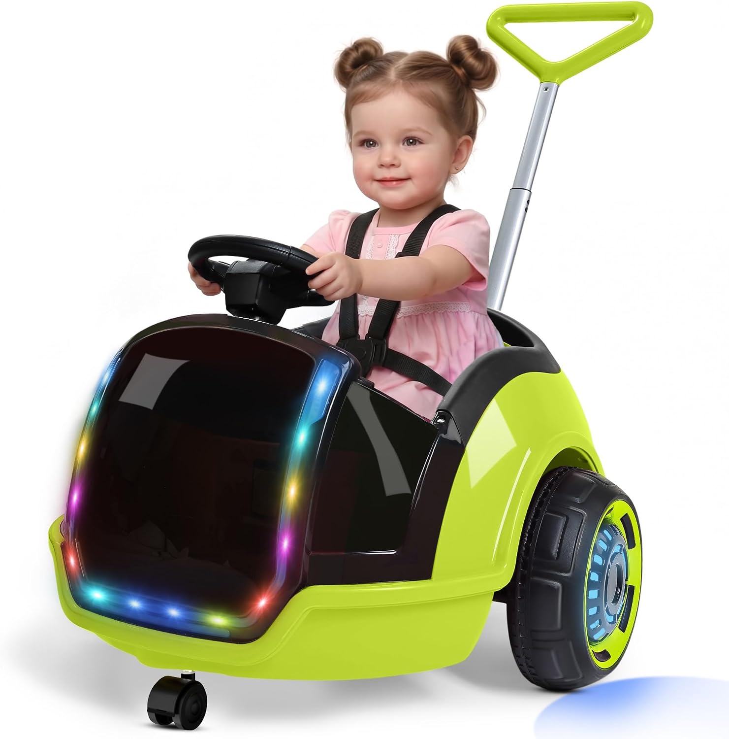 ANPABO 3-in-1 Electric Push Ride On Car, 12V Kids Ride On Toy w/Remote Control, 360° Spin, 5-Point Safety Belt, Colorful LED Light, Music Player, Push Car for Toddler Ages 1-3 (Green)