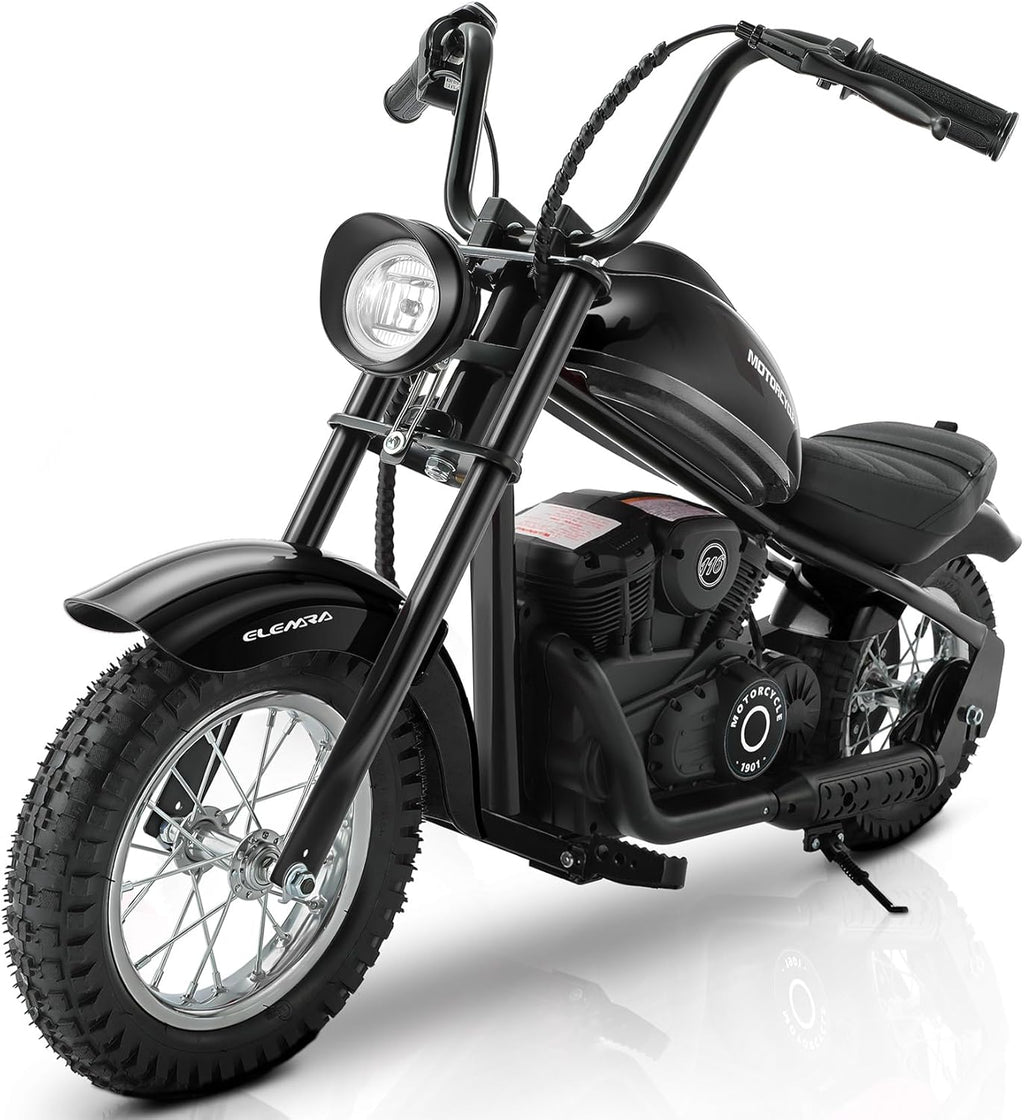 ELEMARA Electric Dirt Bike, 15 mph & 150lb Max, 24V Ride on Toy for Big Kids w/LED Lights & Power Display,Chain-Driven Motor,Twist-Grip Throttle, Shock Springs,Handbrake,12' Air-Filled Tires-Black